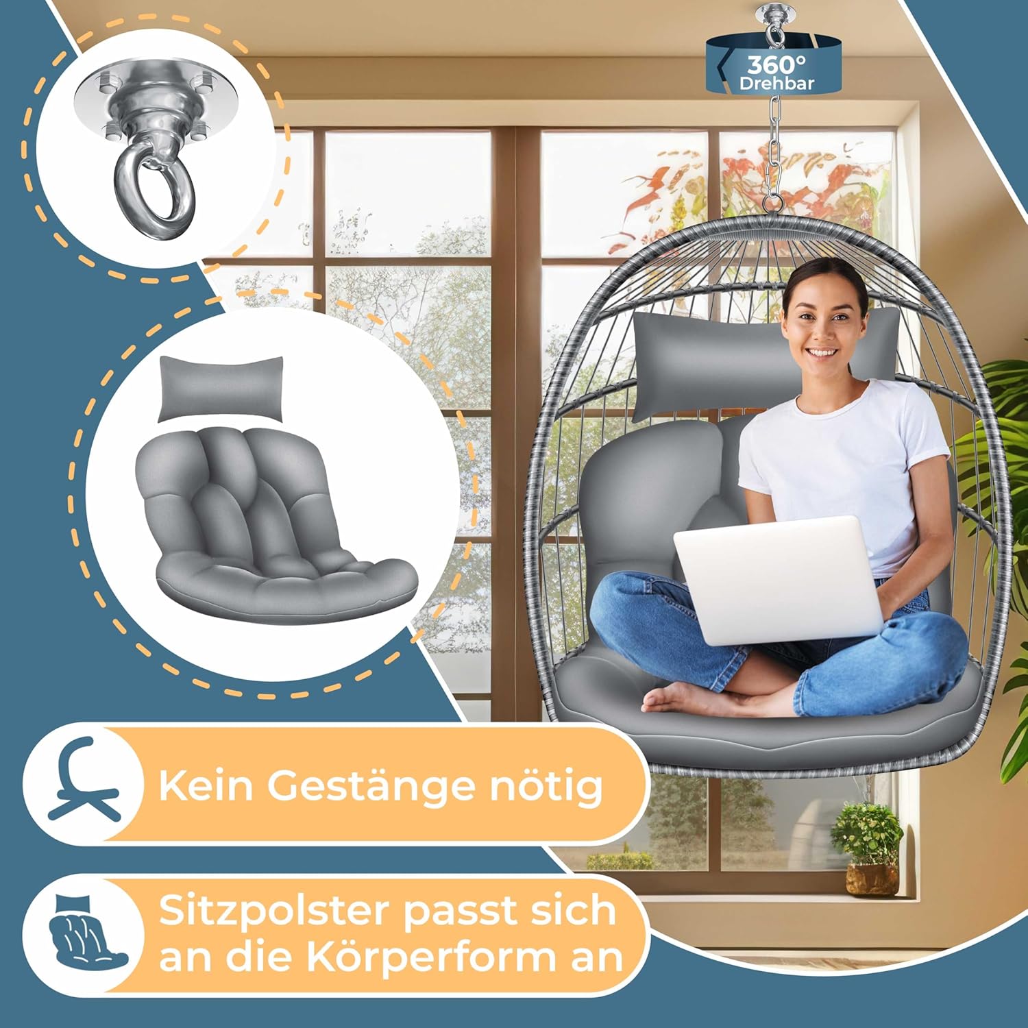 KESSER® Hängesessel Jungle mit Gestell Stahl Hängekorb Sessel Großen Kissen + Decken Halterung + Cover Hängeschaukel Hängesitz Indoor - Outdoor Schaukel Hängestuhl für Kinder und Erwachsene, Grau — Ansicht 6