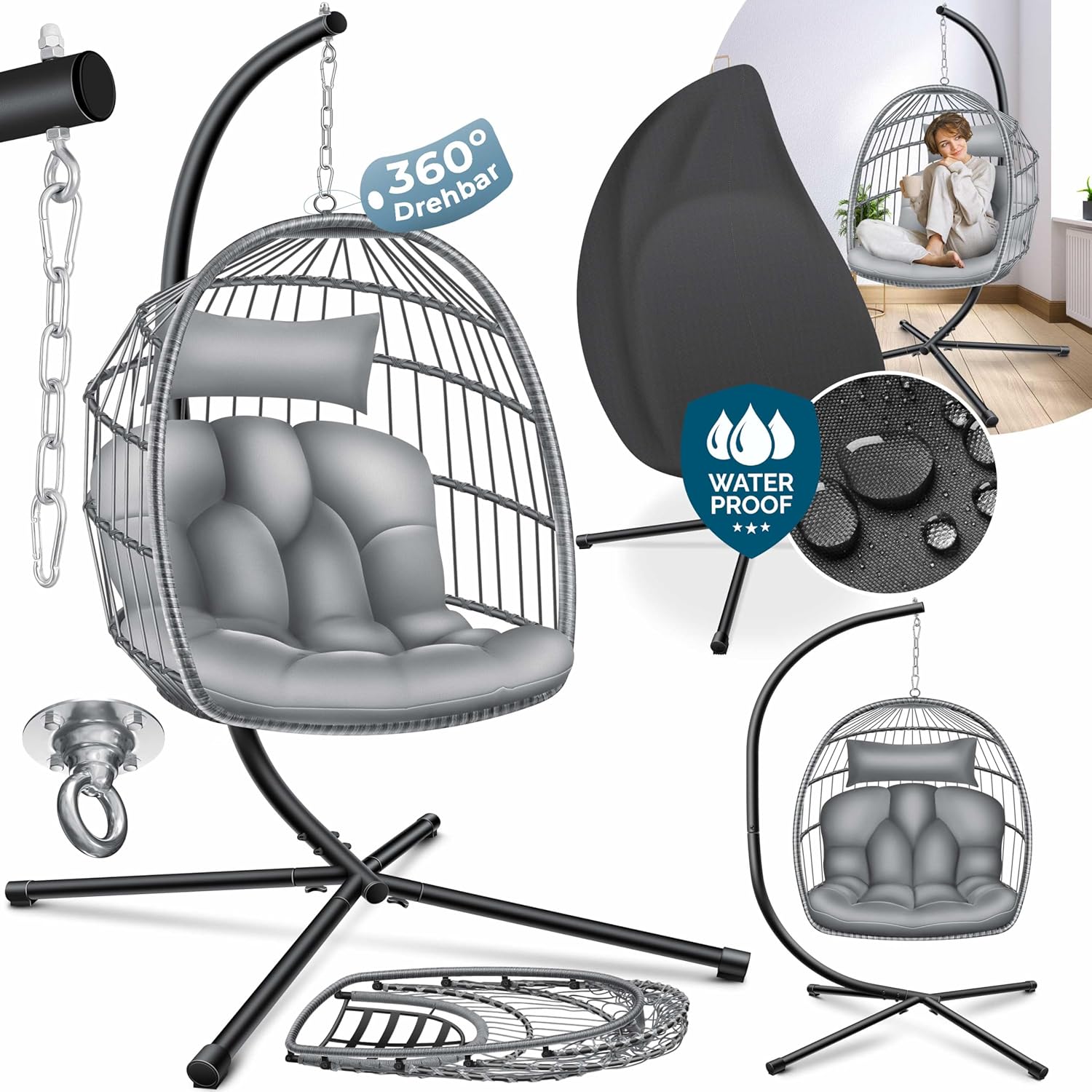 KESSER® Hängesessel Jungle mit Gestell Stahl Hängekorb Sessel Großen Kissen + Decken Halterung + Cover Hängeschaukel Hängesitz Indoor - Outdoor Schaukel Hängestuhl für Kinder und Erwachsene, Grau