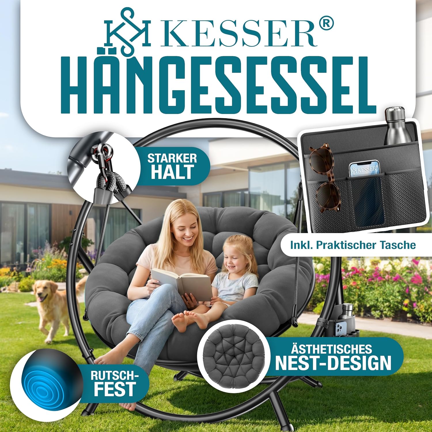 KESSER® Hängesessel mit Gestell Bali Hängeschaukel Hängestuhl bis 150kg für Indoor und Outdoor + Kissen & Seitentasche Hängekorb Stahlgestell & Schaumstoff Sitzpolster — Ansicht 2