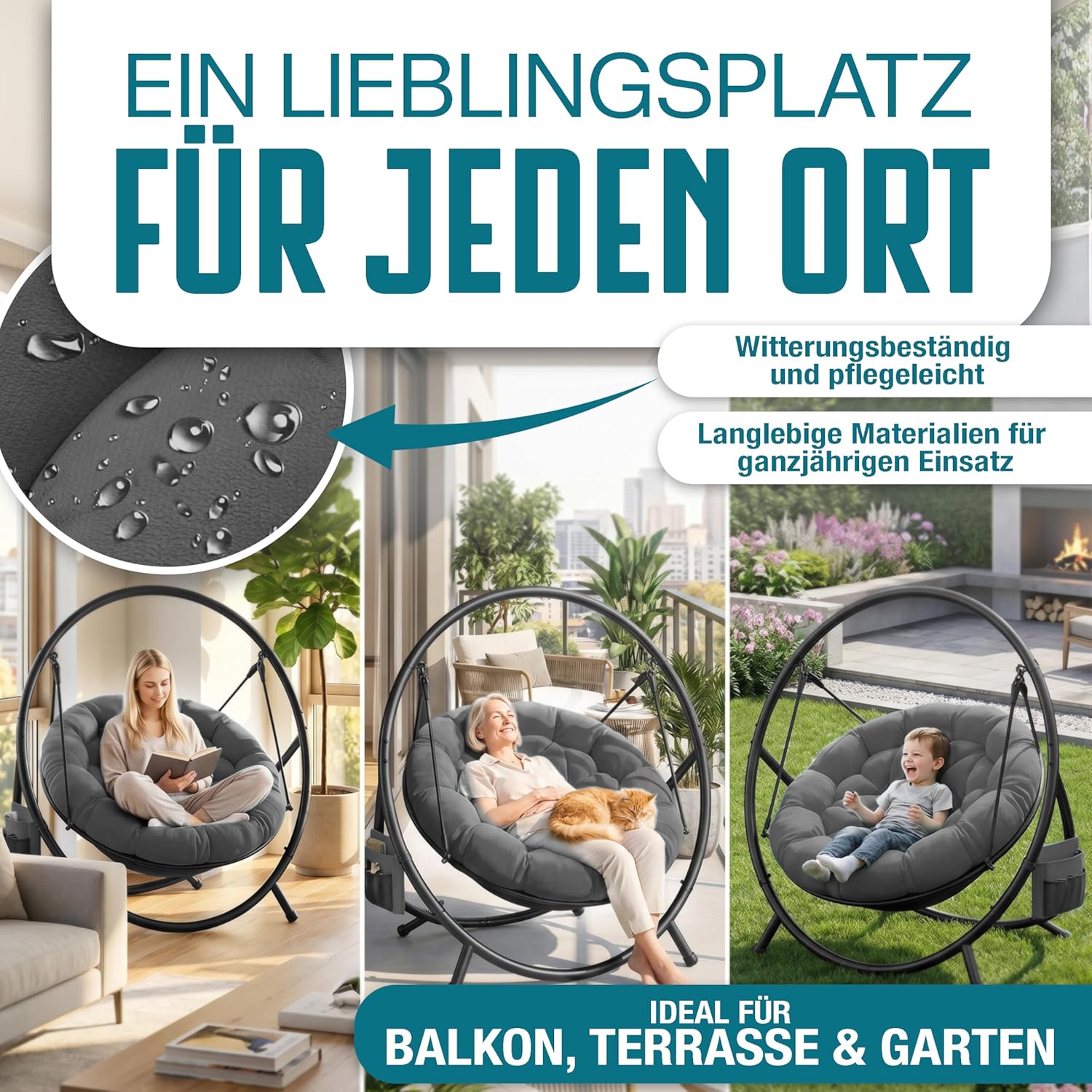 KESSER® Hängesessel mit Gestell Bali Hängeschaukel Hängestuhl bis 150kg für Indoor und Outdoor + Kissen & Seitentasche Hängekorb Stahlgestell & Schaumstoff Sitzpolster — Ansicht 4