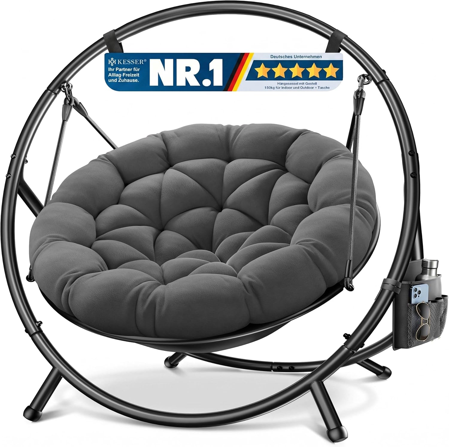 KESSER® Hängesessel mit Gestell Bali Hängeschaukel Hängestuhl bis 150kg für Indoor und Outdoor + Kissen & Seitentasche Hängekorb Stahlgestell & Schaumstoff Sitzpolster