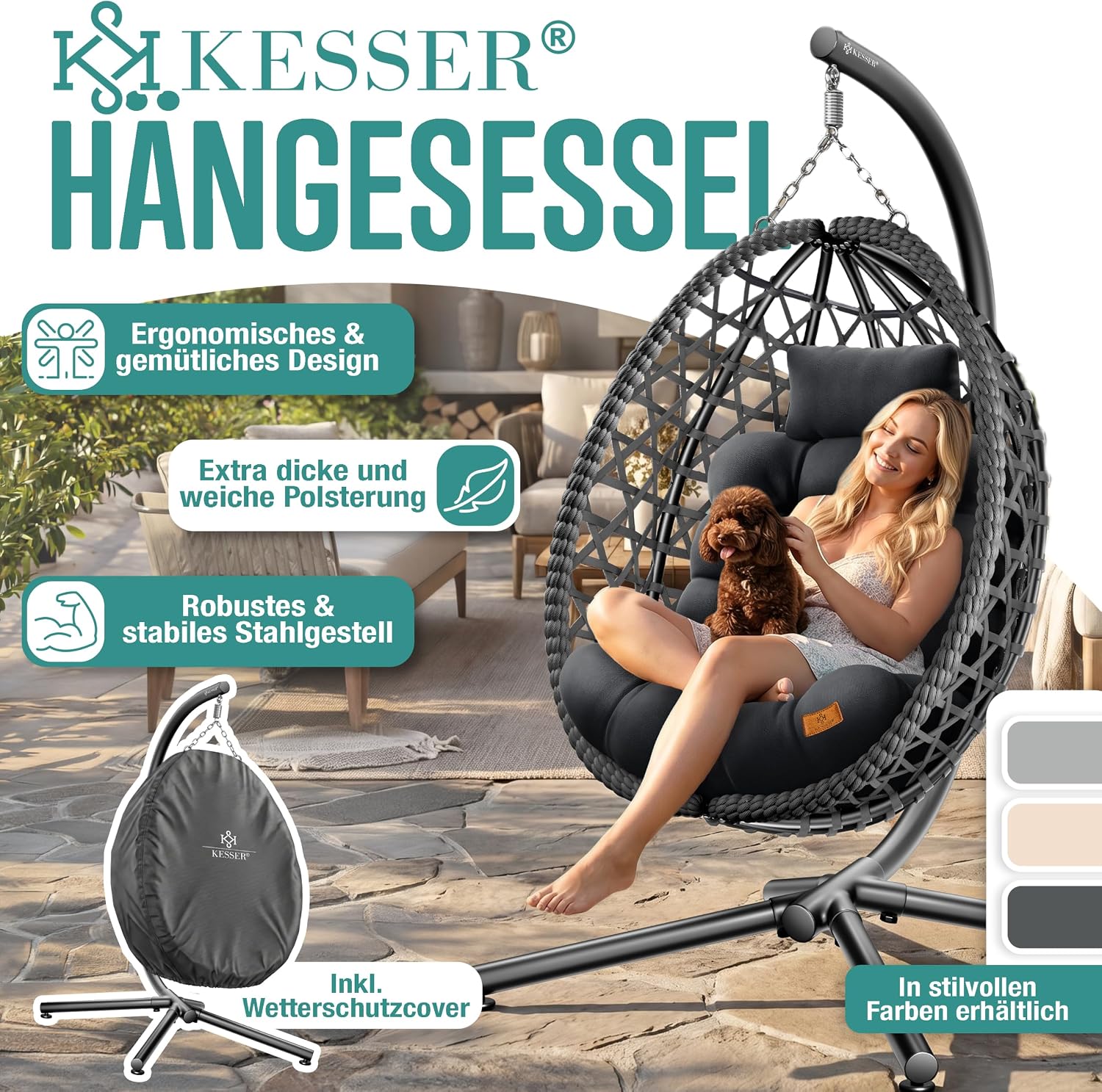 KESSER® Hängesessel mit Gestell Outdoor Indoor Schaukelstuhl Polyrattan 360° 150kg Tragkraft inkl. Polsterkissen & 2in1 Deckenhalterung + Cover – Relaxschaukel - Garten, Balkon, Terrasse, Anthrazit — Ansicht 2