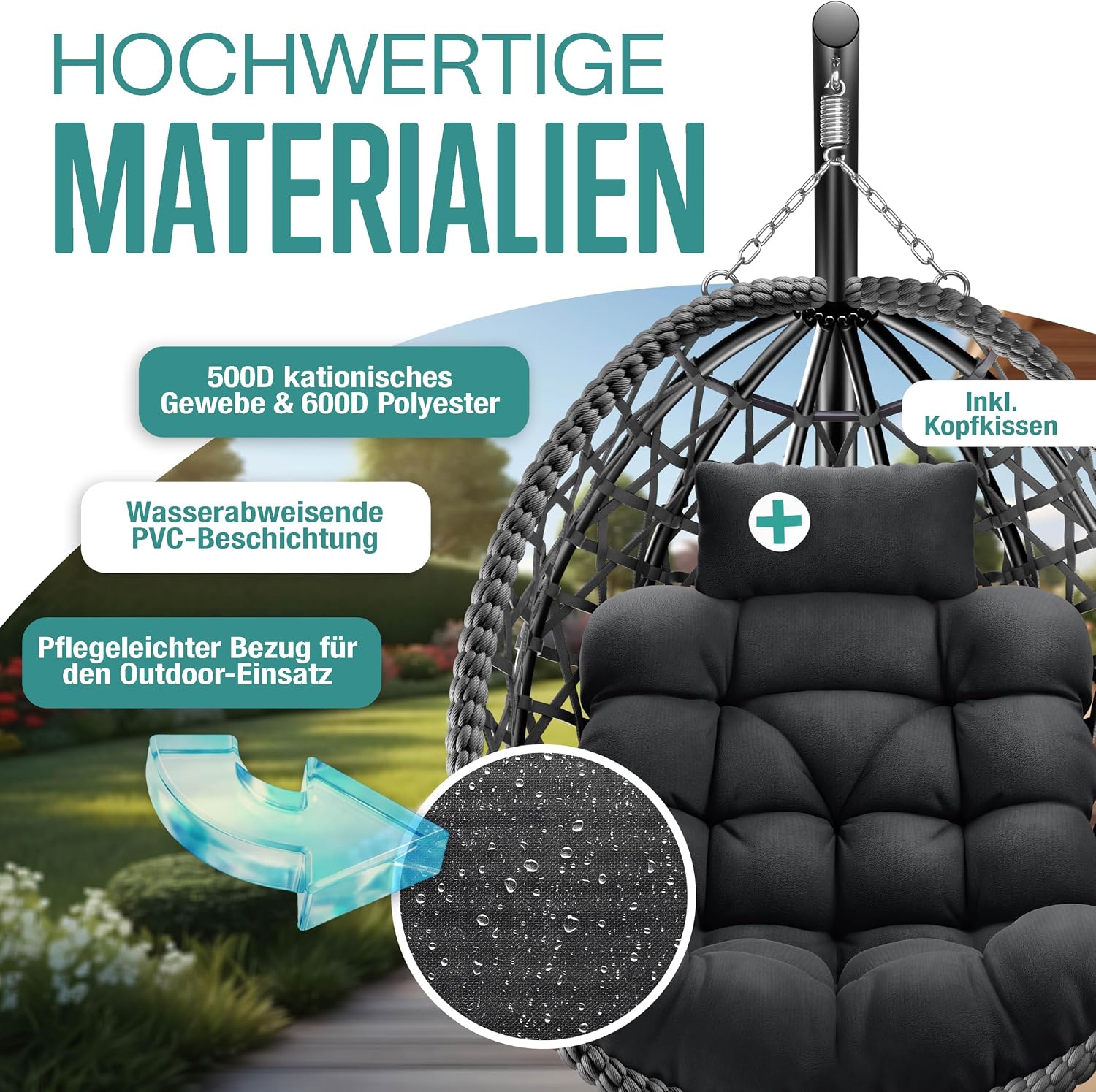KESSER® Hängesessel mit Gestell Outdoor Indoor Schaukelstuhl Polyrattan 360° 150kg Tragkraft inkl. Polsterkissen & 2in1 Deckenhalterung + Cover – Relaxschaukel - Garten, Balkon, Terrasse, Anthrazit — Ansicht 3