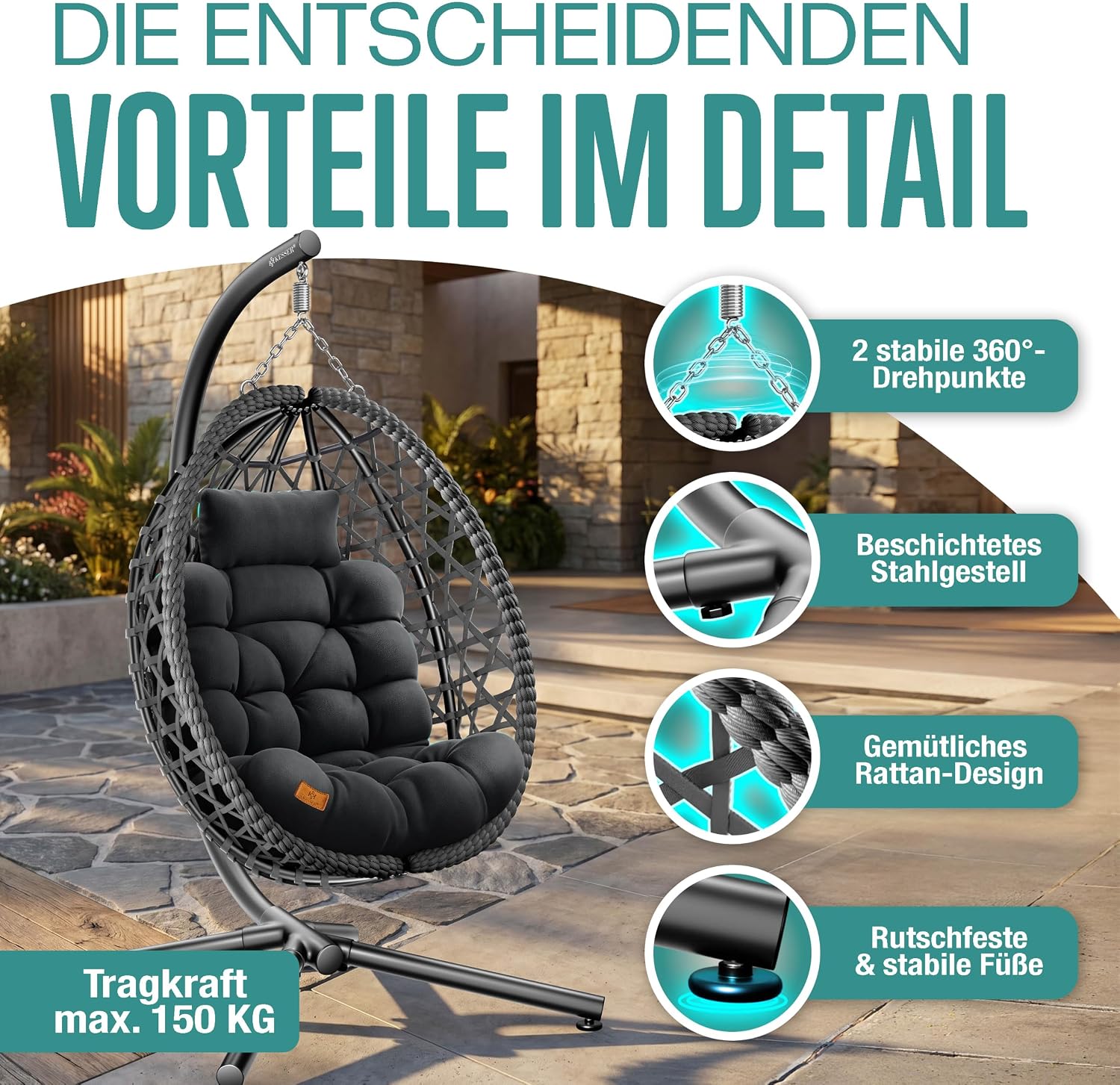 KESSER® Hängesessel mit Gestell Outdoor Indoor Schaukelstuhl Polyrattan 360° 150kg Tragkraft inkl. Polsterkissen & 2in1 Deckenhalterung + Cover – Relaxschaukel - Garten, Balkon, Terrasse, Anthrazit — Ansicht 6