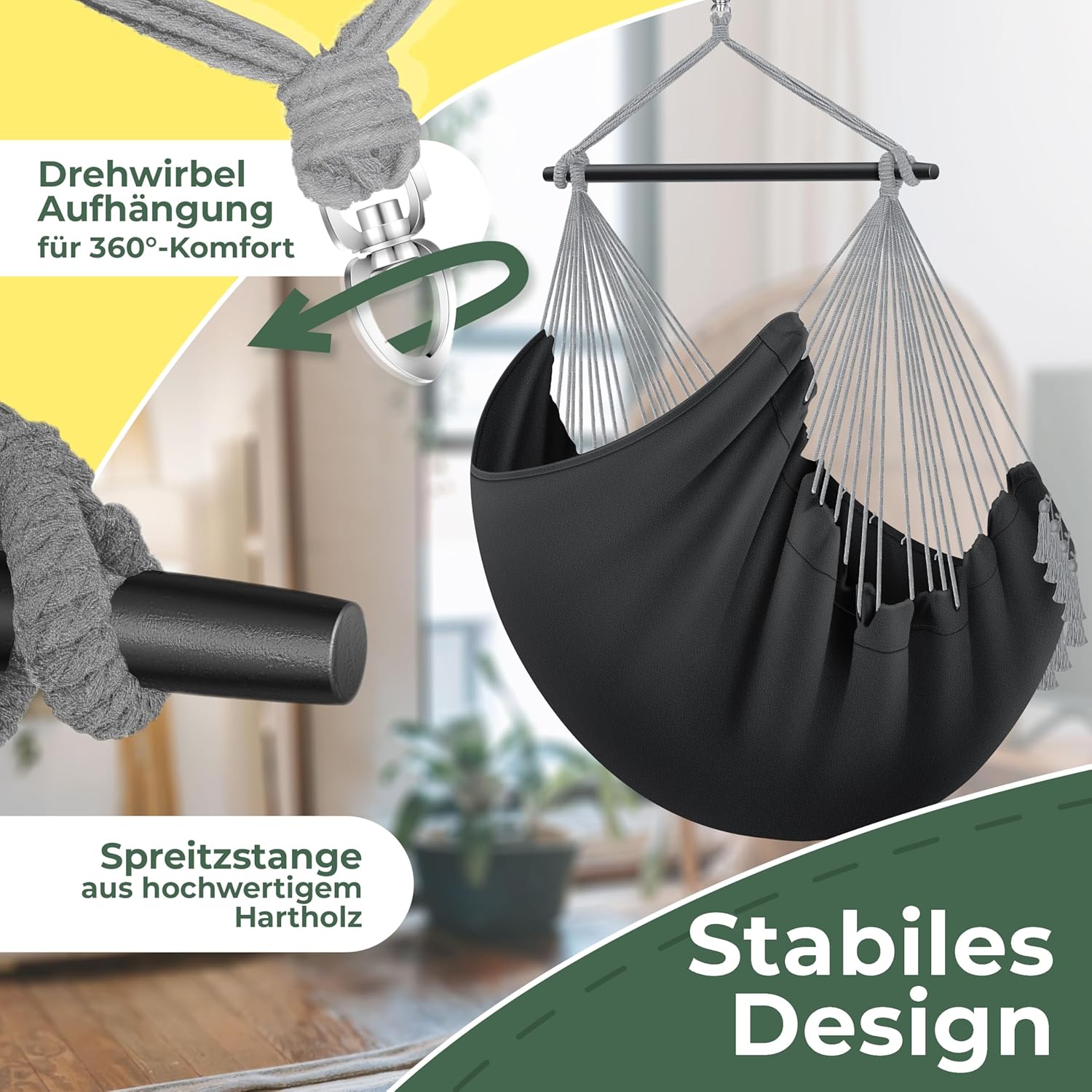 KESSER® Hängesessel Safari XXL Hängestuhl für Erwachsene & Kinder Hängematte bis 150 kg Hängesitz Aufhängung Indoor-Outdoor-Wohnen Inkl. Tragetasche, 2 Kissen, Getränkehalter & Bücherfach, Anthrazit — Ansicht 3