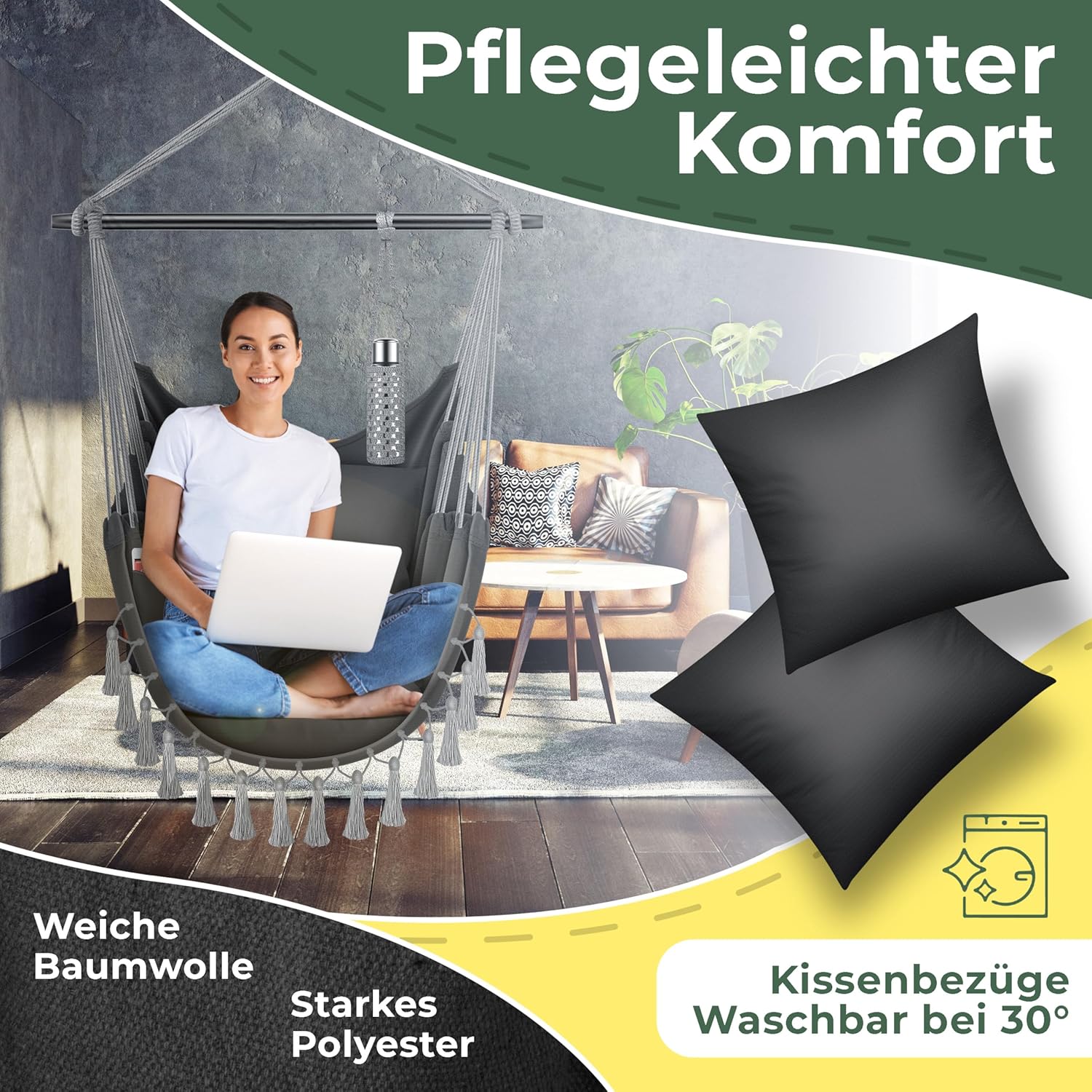 KESSER® Hängesessel Safari XXL Hängestuhl für Erwachsene & Kinder Hängematte bis 150 kg Hängesitz Aufhängung Indoor-Outdoor-Wohnen Inkl. Tragetasche, 2 Kissen, Getränkehalter & Bücherfach, Anthrazit — Ansicht 4