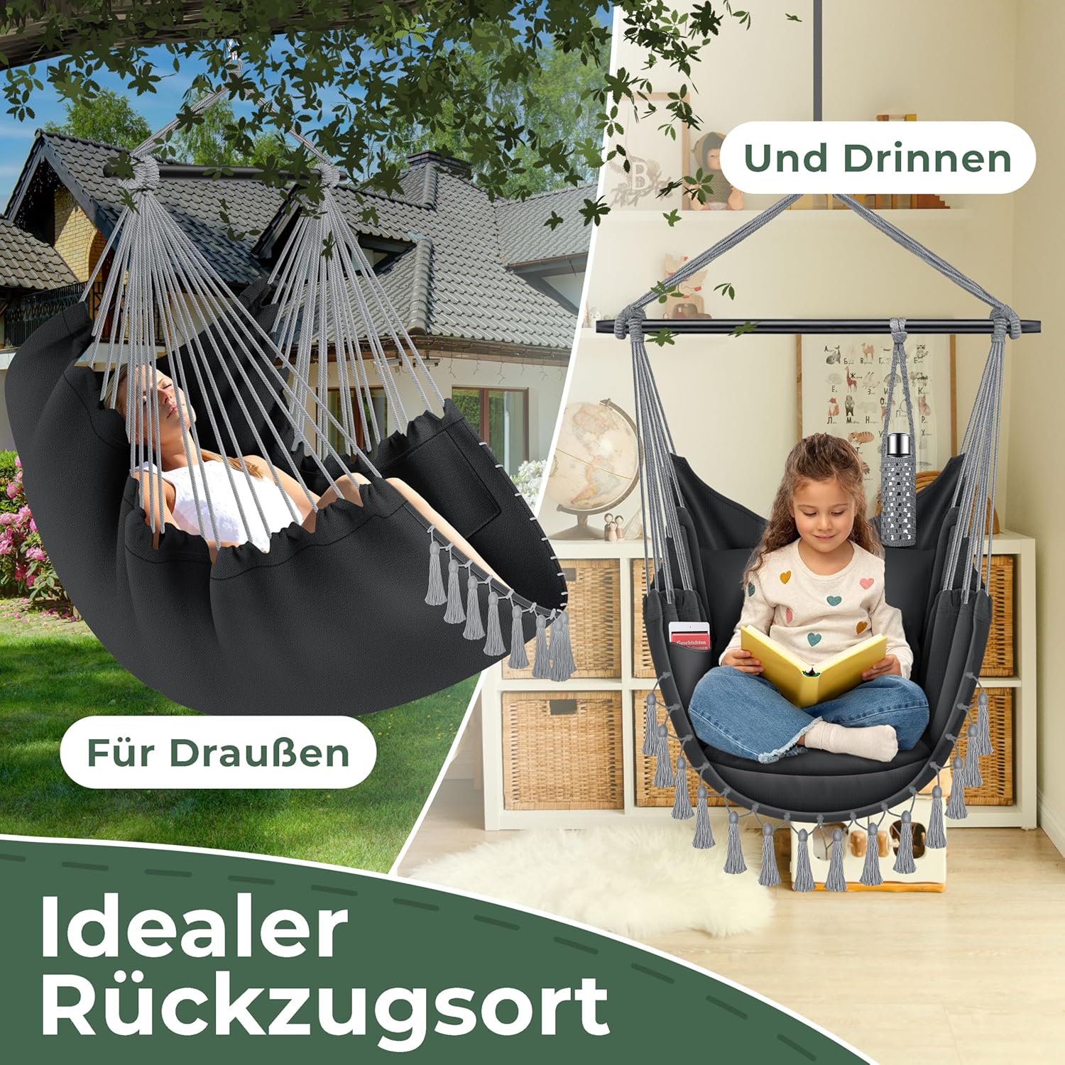 KESSER® Hängesessel Safari XXL Hängestuhl für Erwachsene & Kinder Hängematte bis 150 kg Hängesitz Aufhängung Indoor-Outdoor-Wohnen Inkl. Tragetasche, 2 Kissen, Getränkehalter & Bücherfach, Anthrazit — Ansicht 5