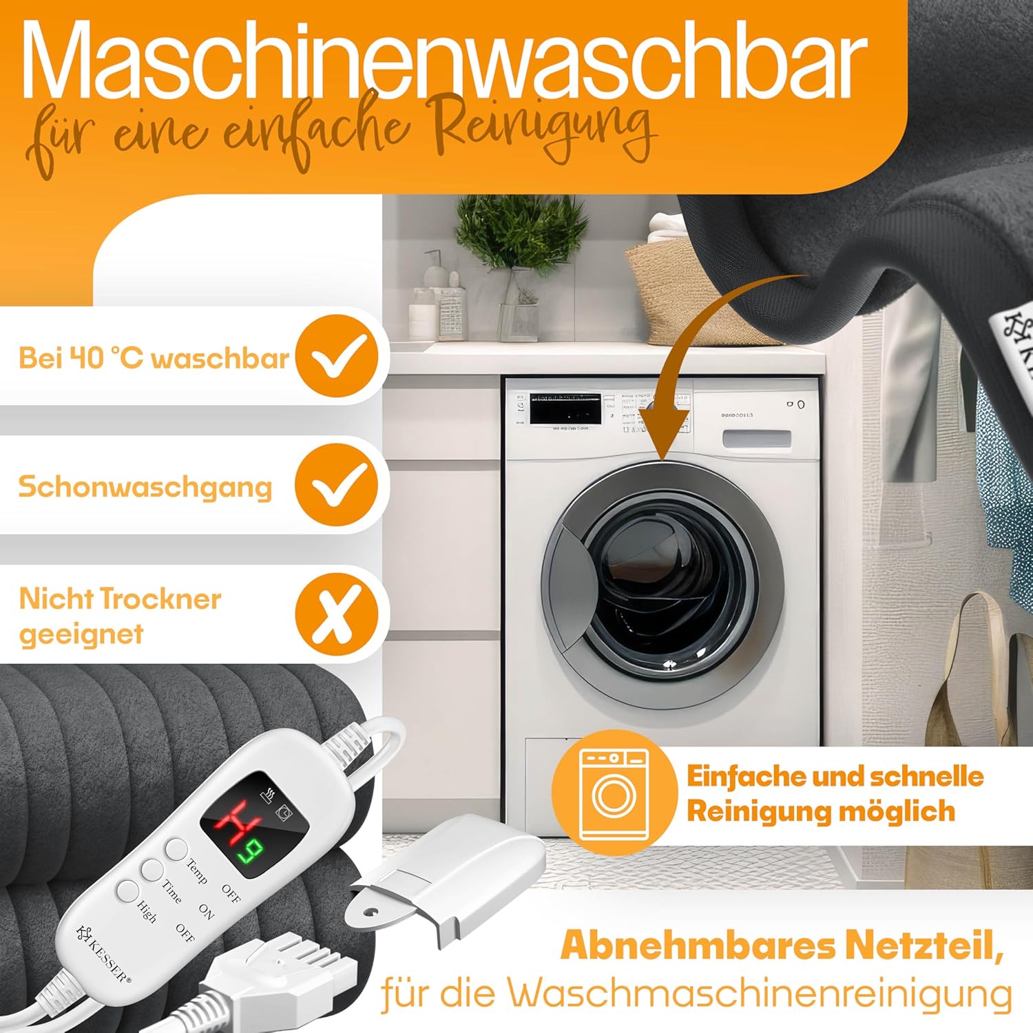 KESSER® Heizdecke aus Plüsch 180x130cm Grau TÜV SÜD GS geprüft | elektrische Wärmedecke mit Timer Abschaltautomatik | Kuscheldecke Decke | 7 Temperaturstufen | waschbar bis 40°C | Digitalanzeige — Ansicht 3