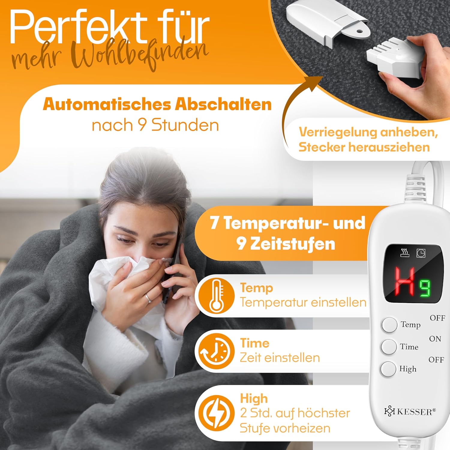 KESSER® Heizdecke aus Plüsch 180x130cm Grau TÜV SÜD GS geprüft | elektrische Wärmedecke mit Timer Abschaltautomatik | Kuscheldecke Decke | 7 Temperaturstufen | waschbar bis 40°C | Digitalanzeige — Ansicht 4