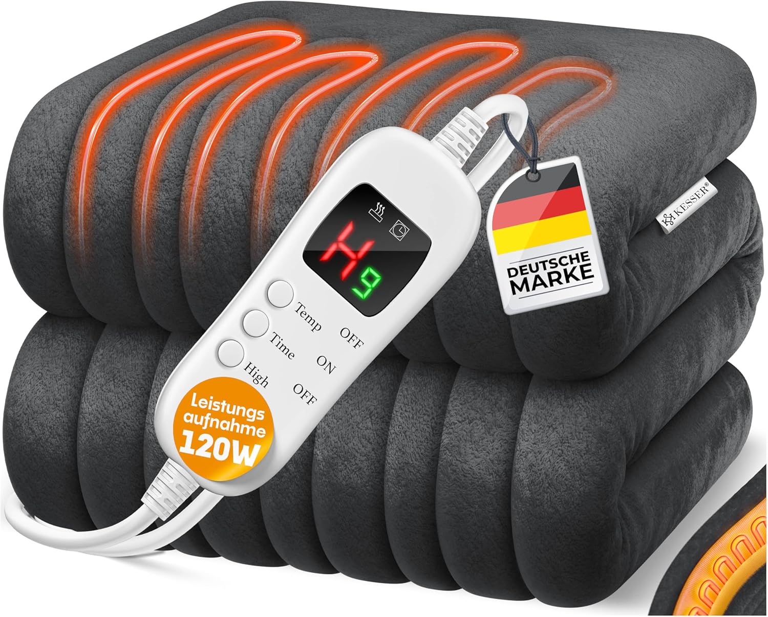 KESSER® Heizdecke aus Plüsch 180x130cm Grau TÜV SÜD GS geprüft | elektrische Wärmedecke mit Timer Abschaltautomatik | Kuscheldecke Decke | 7 Temperaturstufen | waschbar bis 40°C | Digitalanzeige