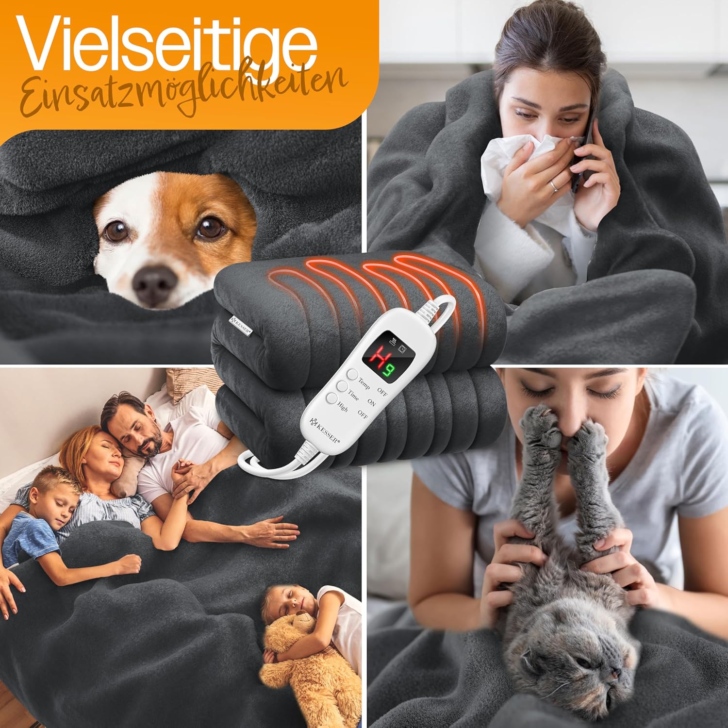 KESSER® Heizdecke aus Plüsch 180x130cm Grau TÜV SÜD GS geprüft | elektrische Wärmedecke mit Timer Abschaltautomatik | Kuscheldecke Decke | 7 Temperaturstufen | waschbar bis 40°C | Digitalanzeige — Ansicht 6
