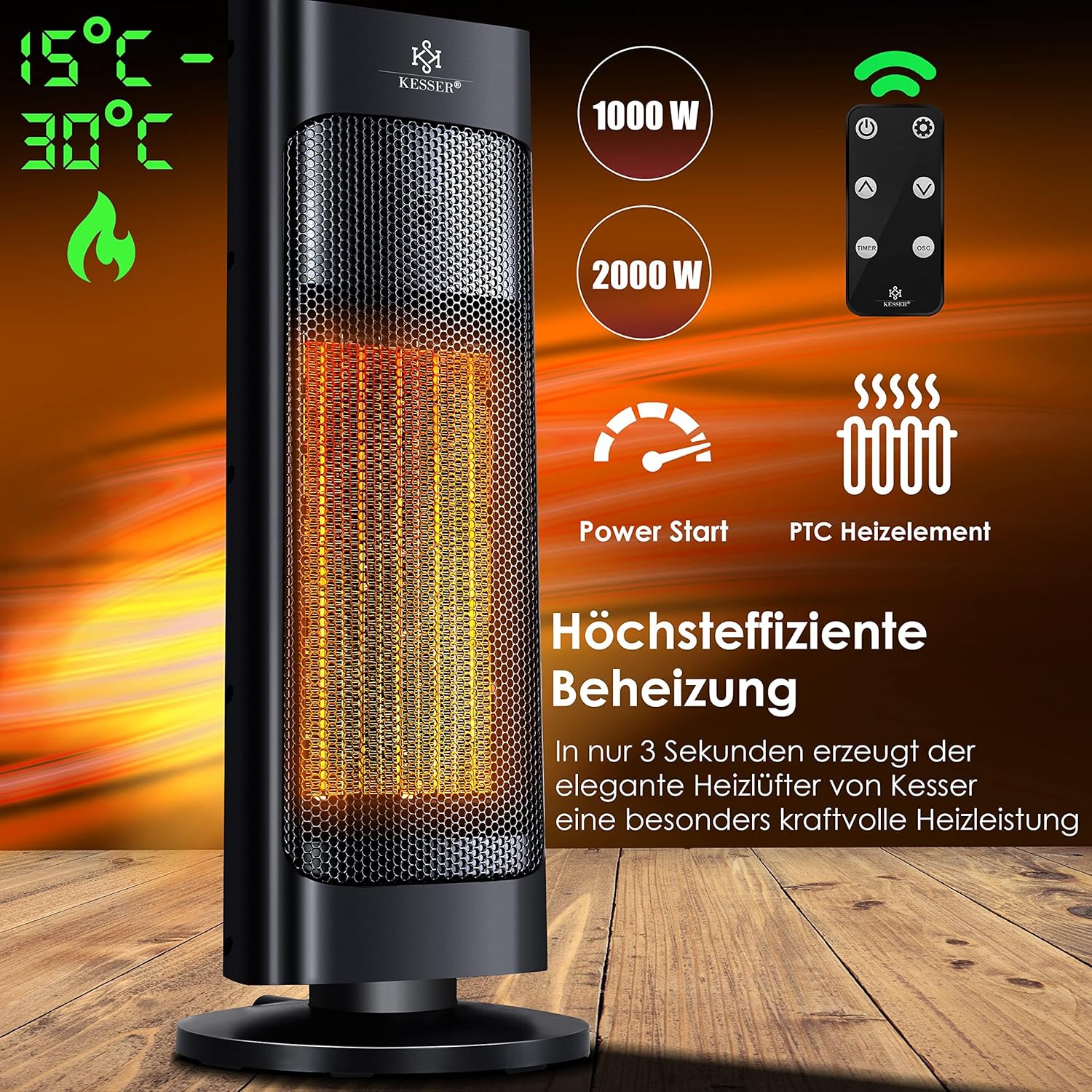KESSER® Heizlüfter mit Fernbedienung energiesparend leise 2000W Keramik Heizstrahler Standheizstrahler 15-30°C - Schnellheizer mit 80° Oszillationsfunktion 24h Timer Heizung Turmheizstrahler, Schwarz — Ansicht 2