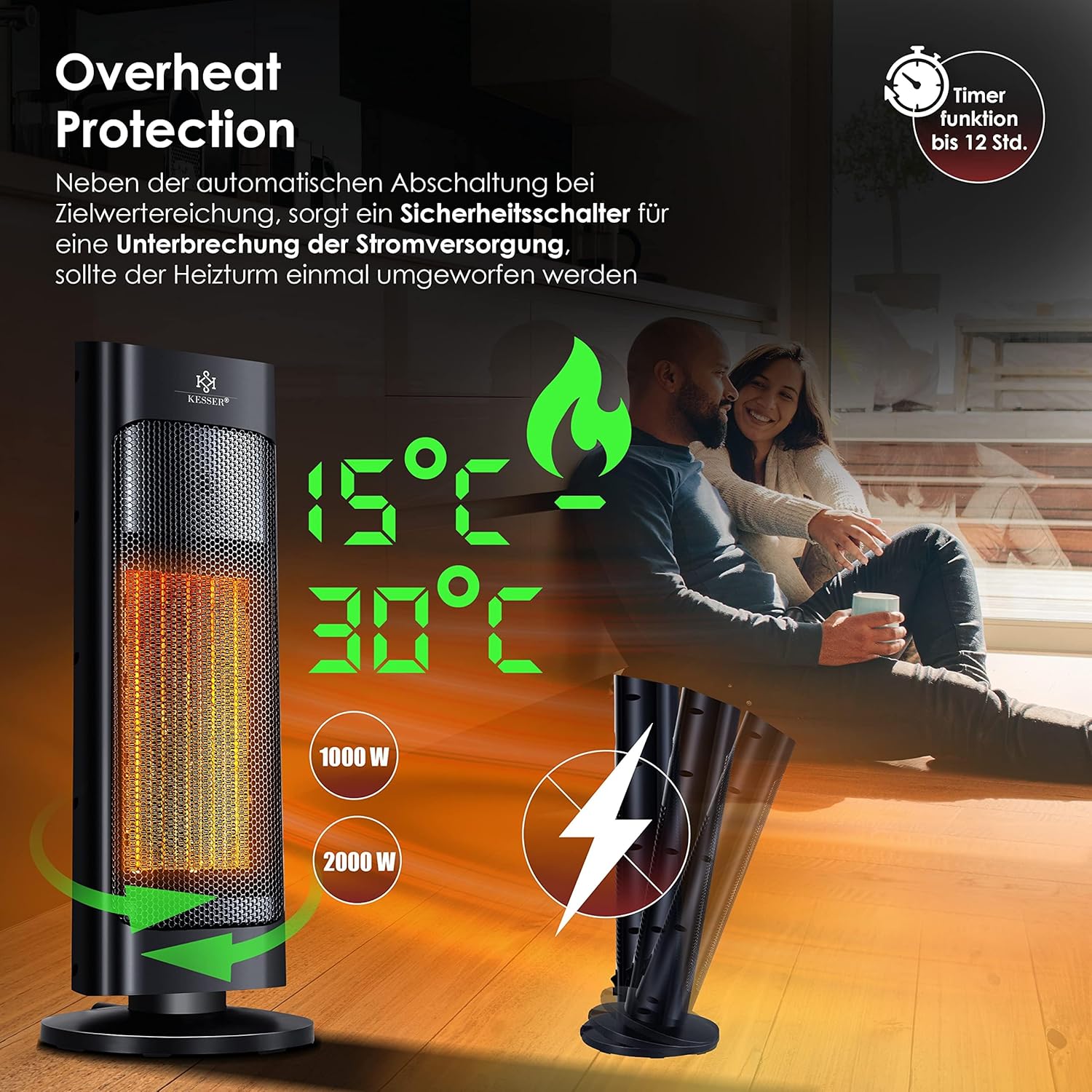 KESSER® Heizlüfter mit Fernbedienung energiesparend leise 2000W Keramik Heizstrahler Standheizstrahler 15-30°C - Schnellheizer mit 80° Oszillationsfunktion 24h Timer Heizung Turmheizstrahler, Schwarz — Ansicht 5