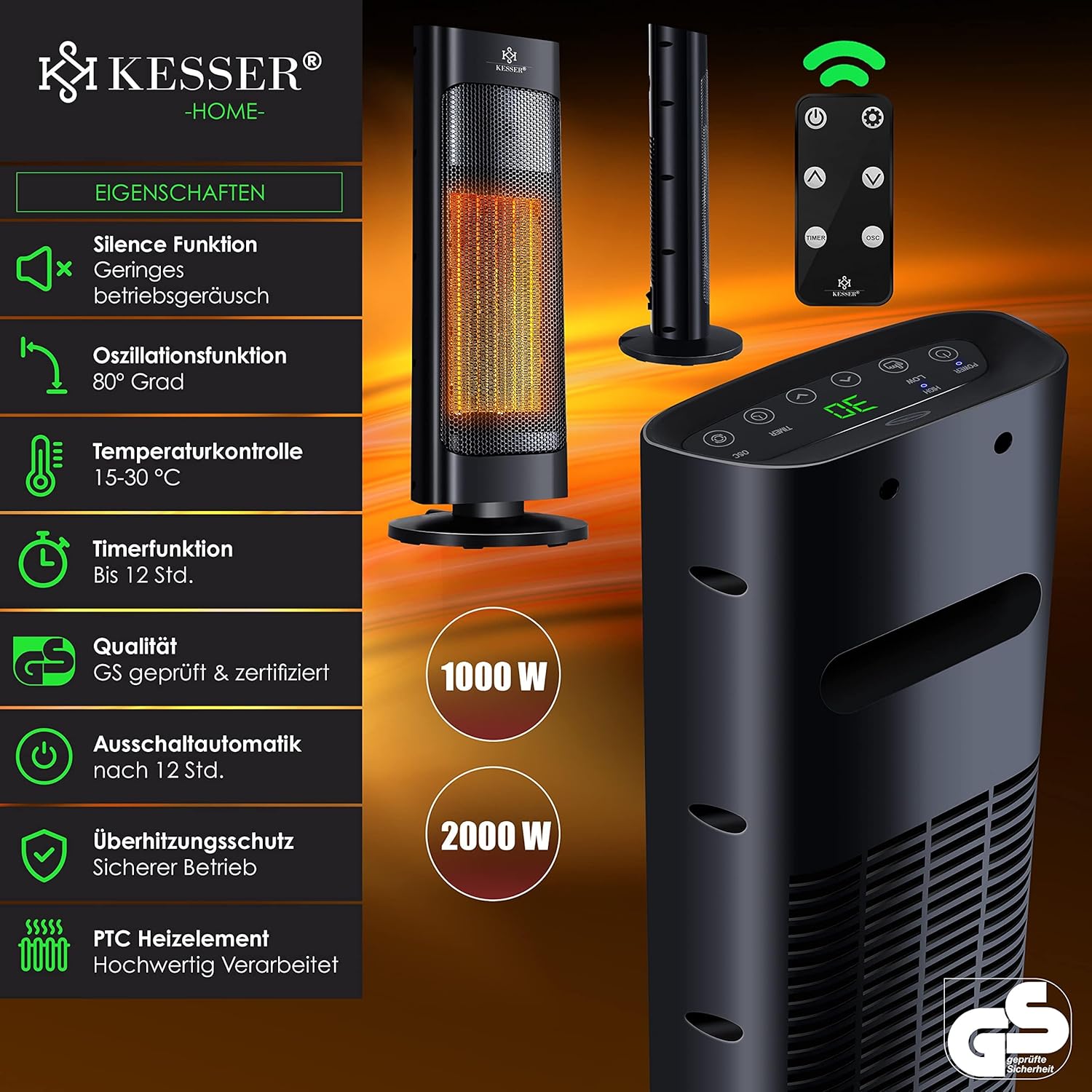 KESSER® Heizlüfter mit Fernbedienung energiesparend leise 2000W Keramik Heizstrahler Standheizstrahler 15-30°C - Schnellheizer mit 80° Oszillationsfunktion 24h Timer Heizung Turmheizstrahler, Schwarz — Ansicht 6