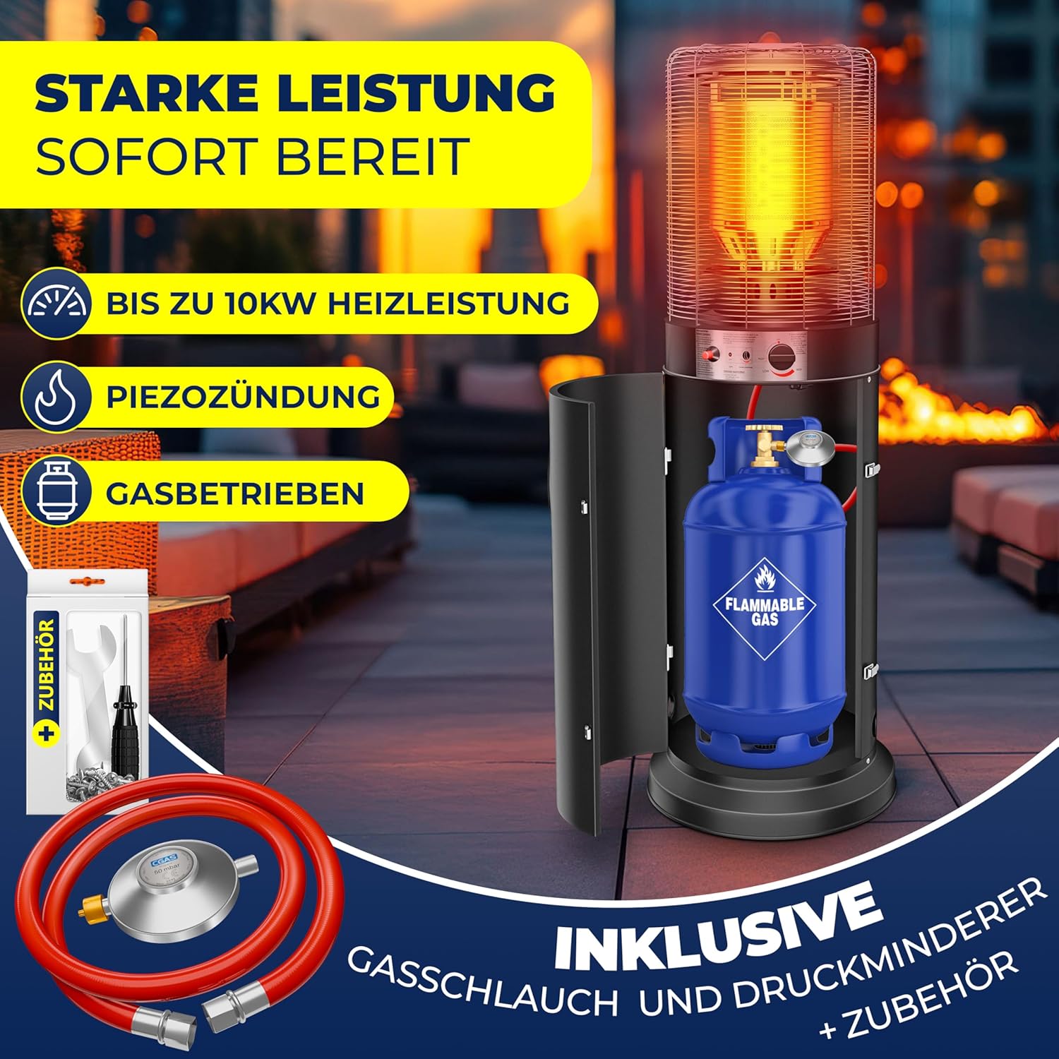 KESSER® Heizstrahler Gas KE12 Heizpilz für Terrasse Terrassenheizer Terrassenheizstrahler, Freiluftheizung 10 kW Gasheizstrahler gasheizer, Wärmestrahler, Heizgerät - inkl. Schutzhülle, Schwarz — Ansicht 3
