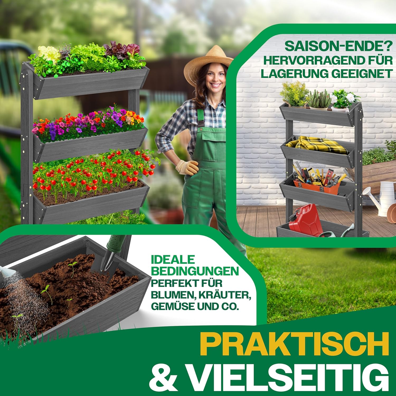 KESSER® Hochbeet mit 4 Etagen Premium Blumenkasten Blumentreppe Pflanztreppe Gemüsebeet Kräuterbeet Pflanzkübel Frühbeet Blumenbeet Pflanzkasten mit Gartenvlies - Beet inkl. Schaufelset, Anthrazit — Ansicht 4