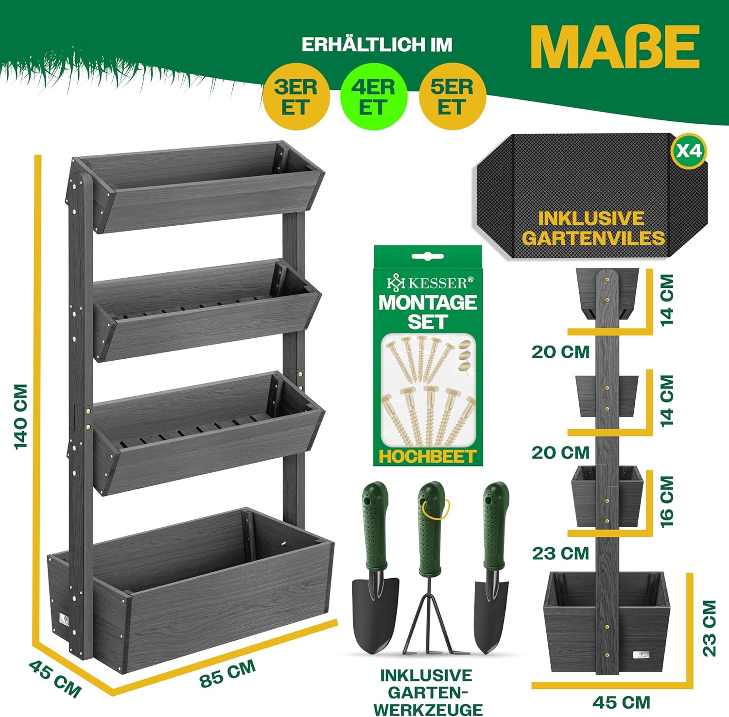 KESSER® Hochbeet mit 4 Etagen Premium Blumenkasten Blumentreppe Pflanztreppe Gemüsebeet Kräuterbeet Pflanzkübel Frühbeet Blumenbeet Pflanzkasten mit Gartenvlies - Beet inkl. Schaufelset, Anthrazit — Ansicht 5