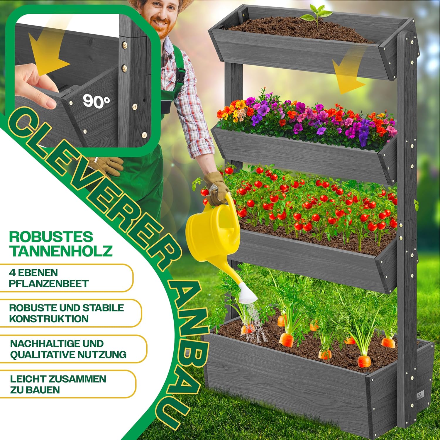 KESSER® Hochbeet mit 4 Etagen Premium Blumenkasten Blumentreppe Pflanztreppe Gemüsebeet Kräuterbeet Pflanzkübel Frühbeet Blumenbeet Pflanzkasten mit Gartenvlies - Beet inkl. Schaufelset, Anthrazit — Ansicht 6