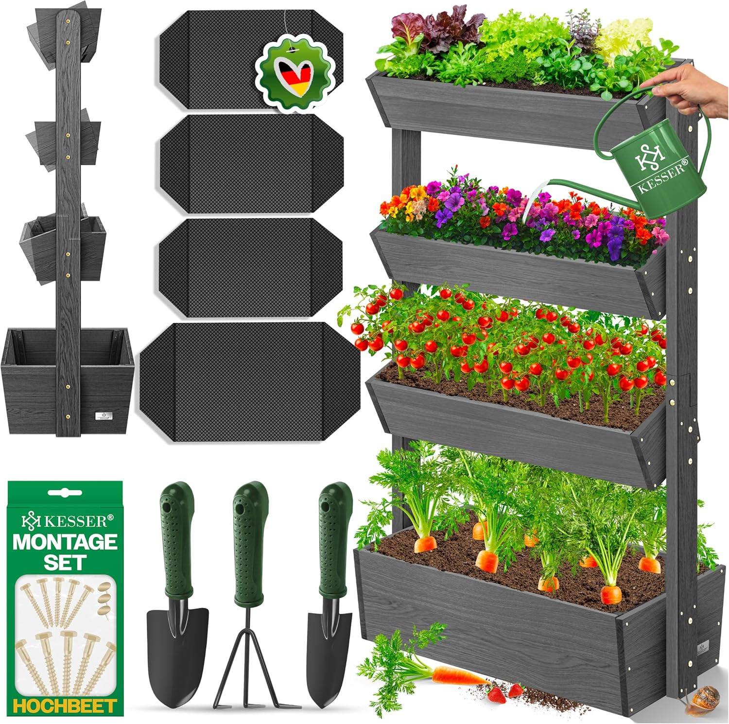 KESSER® Hochbeet mit 4 Etagen Premium Blumenkasten Blumentreppe Pflanztreppe Gemüsebeet Kräuterbeet Pflanzkübel Frühbeet Blumenbeet Pflanzkasten mit Gartenvlies - Beet inkl. Schaufelset, Anthrazit