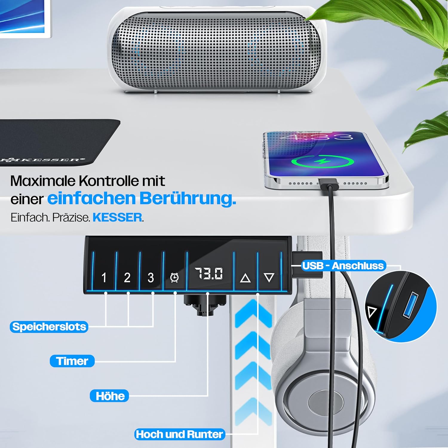 KESSER® höhenverstellbarer Schreibtisch elektrisch 180 x 80 cm, ergonomischer Steh-Sitz Tisch mit 3-Memory-Funktion, Stehtisch für Homeoffice, Inkl. Zubehör, USB-Ladeanschluss & 360° Rollen, Weiss — Ansicht 2