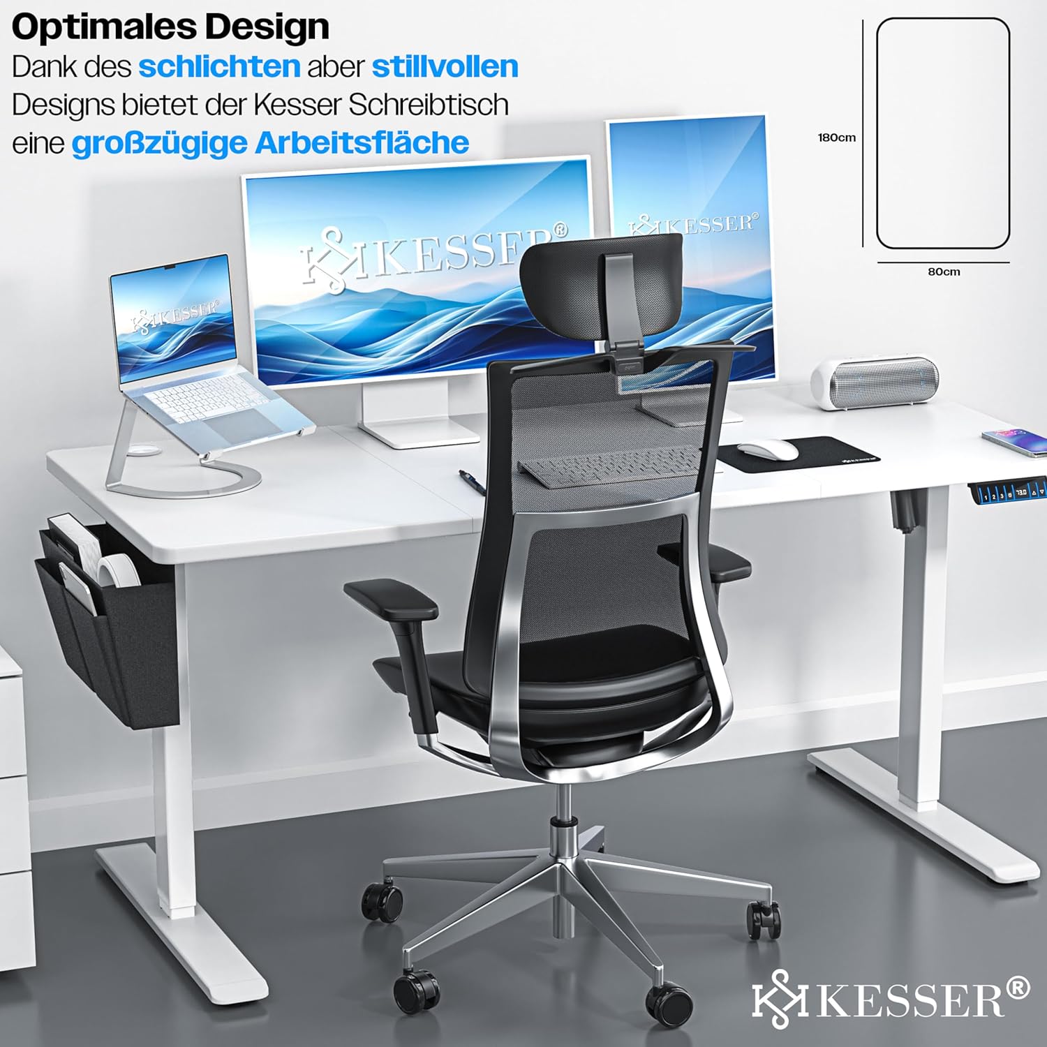 KESSER® höhenverstellbarer Schreibtisch elektrisch 180 x 80 cm, ergonomischer Steh-Sitz Tisch mit 3-Memory-Funktion, Stehtisch für Homeoffice, Inkl. Zubehör, USB-Ladeanschluss & 360° Rollen, Weiss — Ansicht 3
