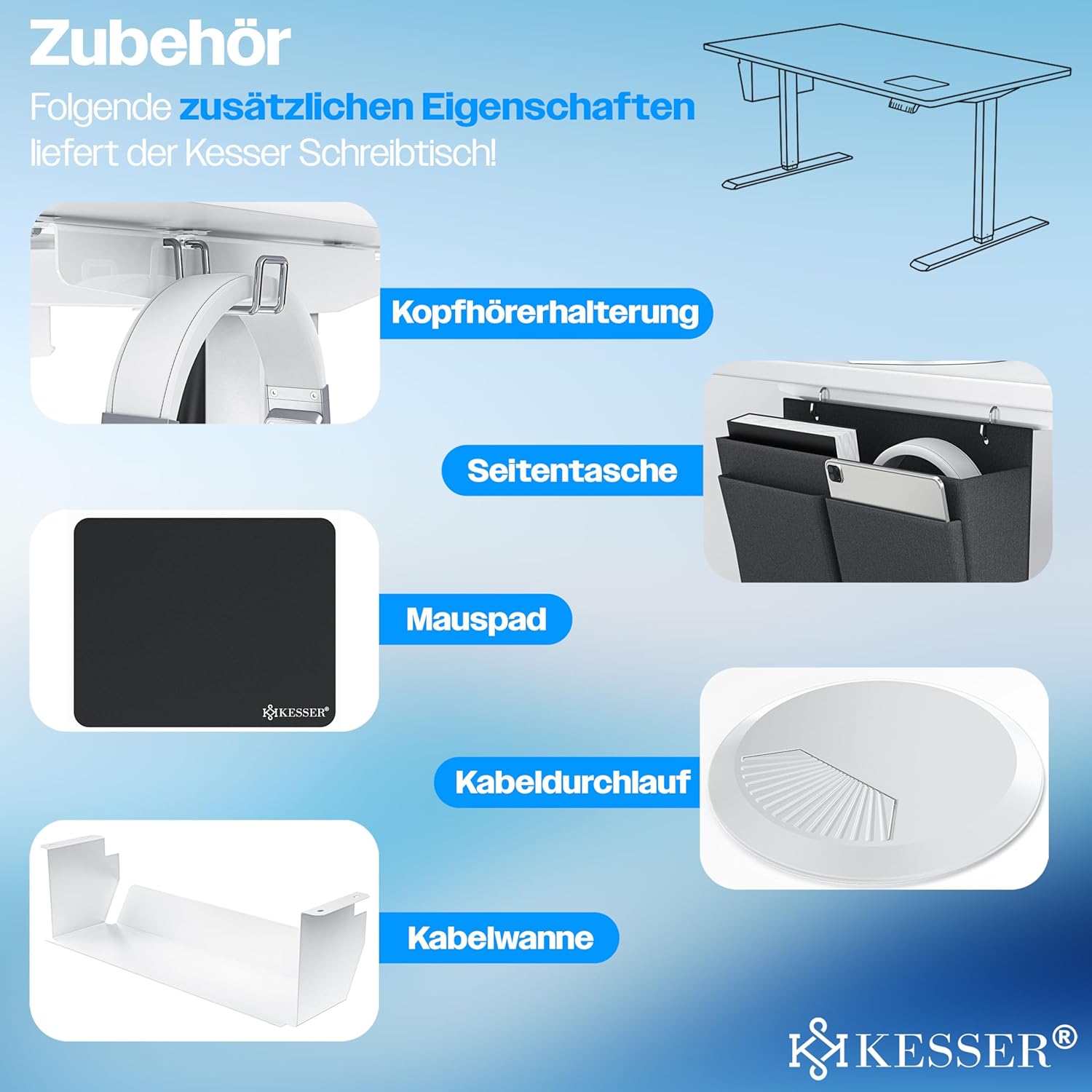 KESSER® höhenverstellbarer Schreibtisch elektrisch 180 x 80 cm, ergonomischer Steh-Sitz Tisch mit 3-Memory-Funktion, Stehtisch für Homeoffice, Inkl. Zubehör, USB-Ladeanschluss & 360° Rollen, Weiss — Ansicht 4