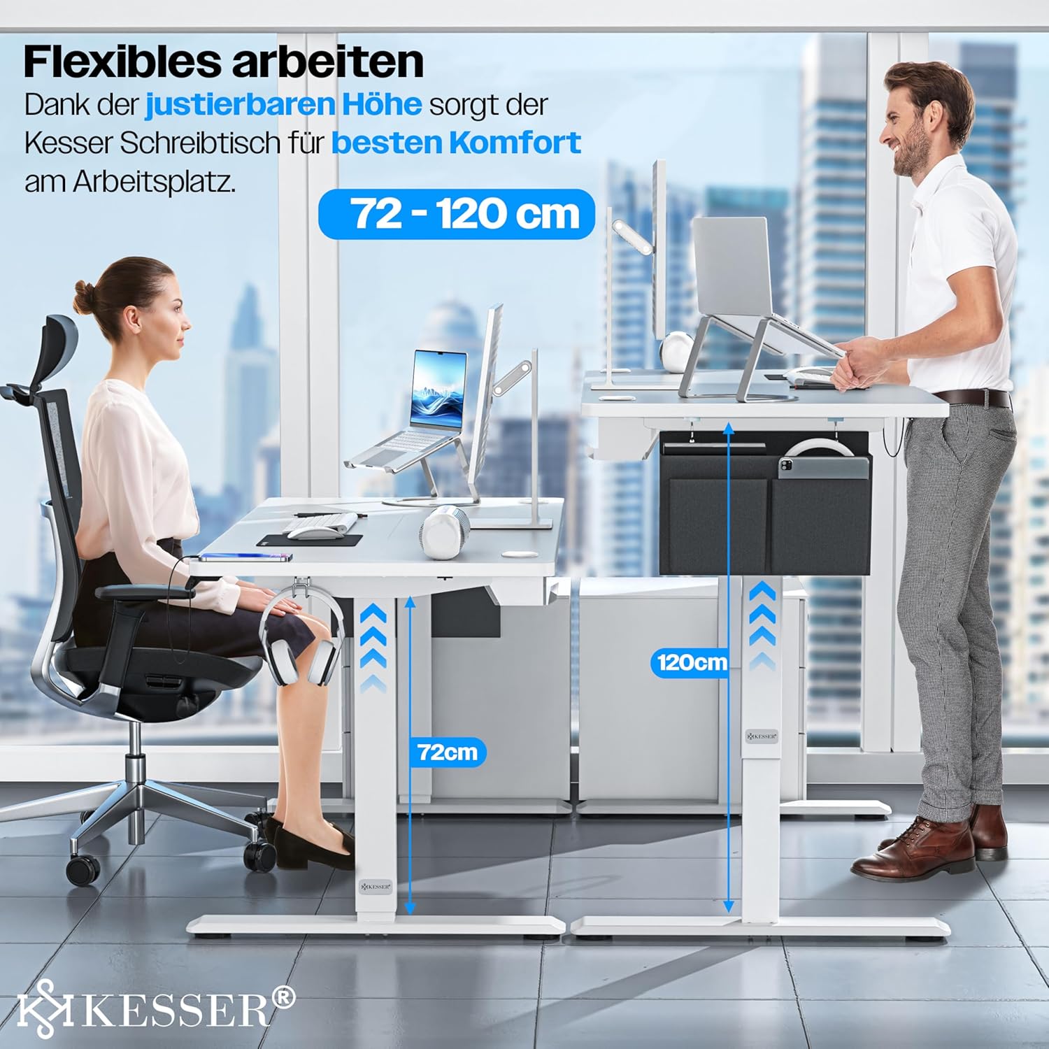 KESSER® höhenverstellbarer Schreibtisch elektrisch 180 x 80 cm, ergonomischer Steh-Sitz Tisch mit 3-Memory-Funktion, Stehtisch für Homeoffice, Inkl. Zubehör, USB-Ladeanschluss & 360° Rollen, Weiss — Ansicht 5