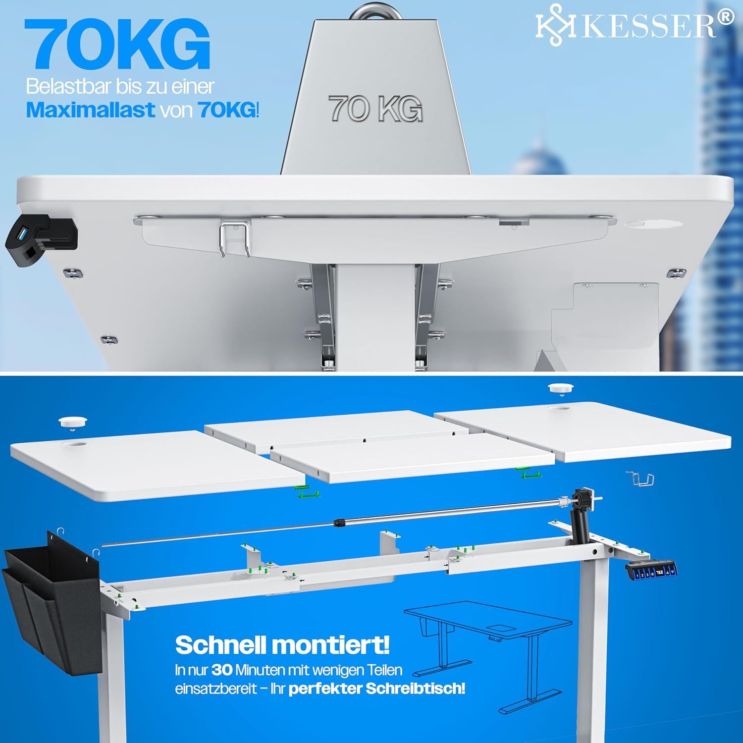 KESSER® höhenverstellbarer Schreibtisch elektrisch 180 x 80 cm, ergonomischer Steh-Sitz Tisch mit 3-Memory-Funktion, Stehtisch für Homeoffice, Inkl. Zubehör, USB-Ladeanschluss & 360° Rollen, Weiss — Ansicht 6