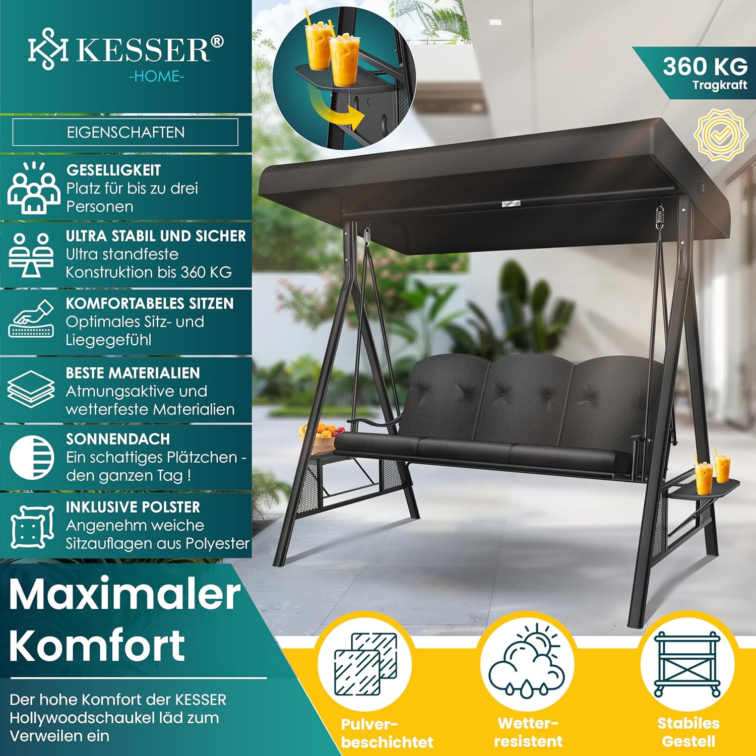 KESSER® Hollywoodschaukel mit Sonnendach 3-Sitzer & Sitzpolster-Auflage | Gartenschaukel bis 360kg belastbar | Gartenliege mit Anti-Rutsch-Füßen | Schaukelbank wasserabweisend für Outdoor & Indoor — Ansicht 3