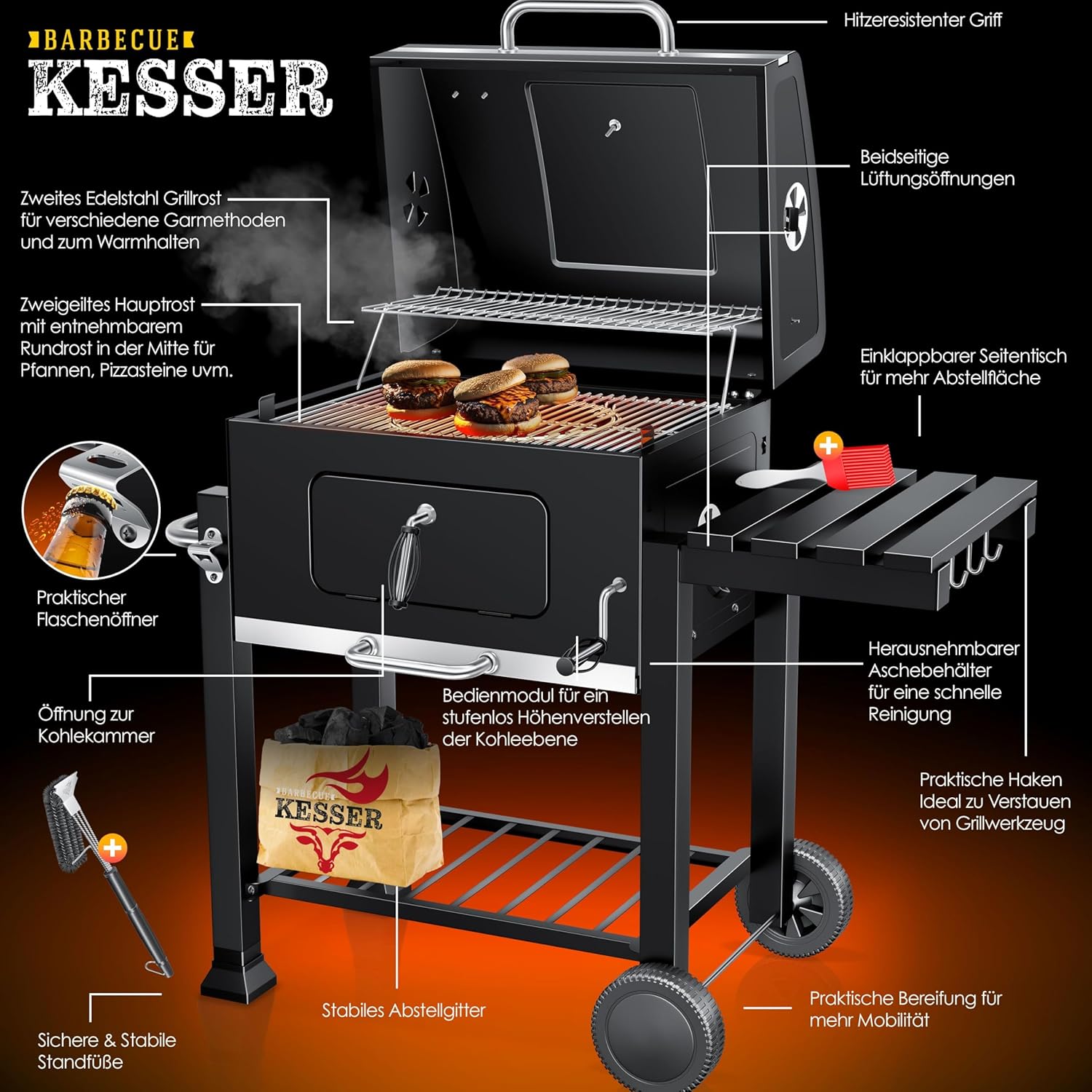 KESSER® Holzkohlegrill XL Grillwagen Set mit Deckel & Thermometer – BBQ Kohlegrill Wagen, Smoker Grill, Standgrill mit Grillrost, Rädern, Warmhalterost & Ablage inkl. Haube, Bürste & Pinsel — Ansicht 3