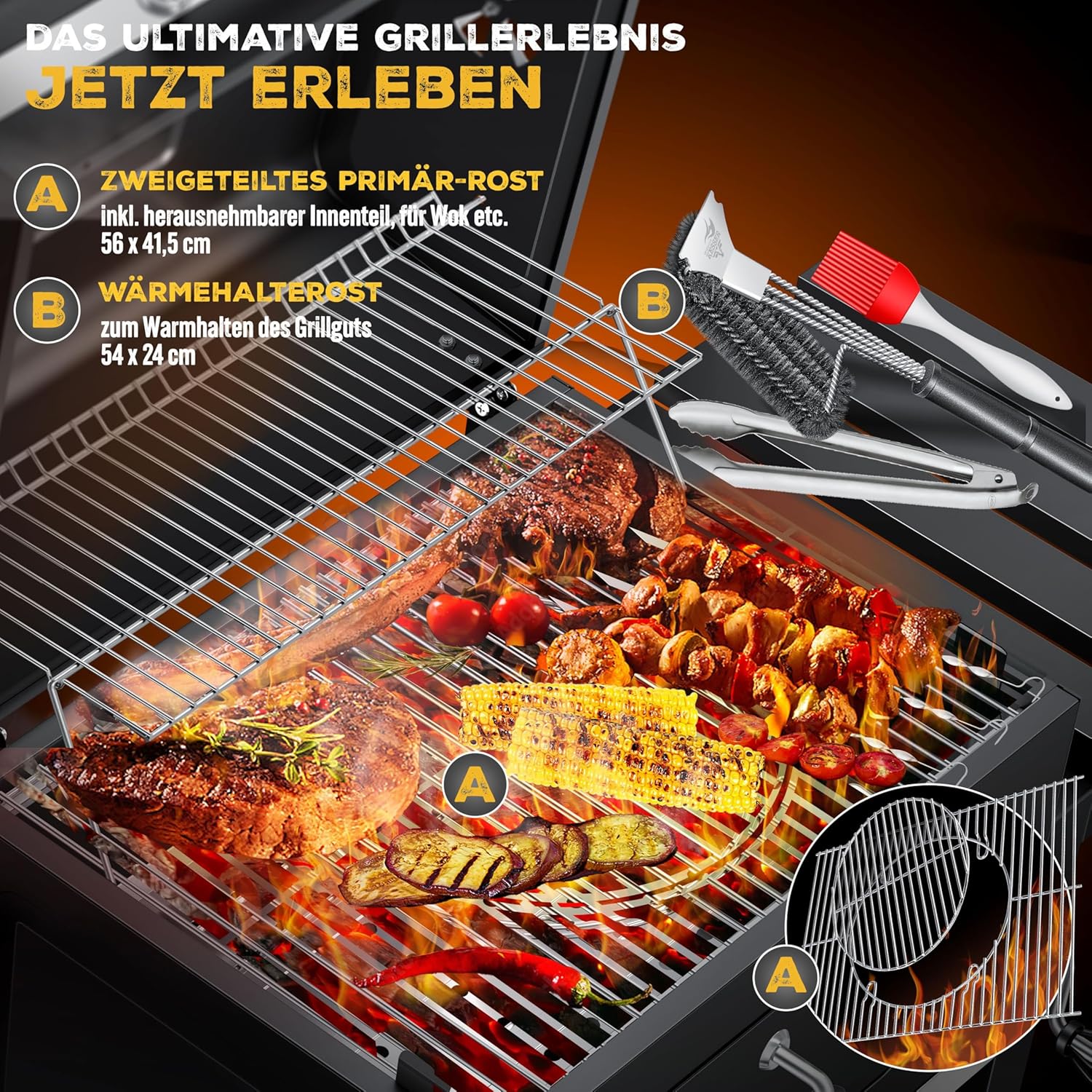 KESSER® Holzkohlegrill XL Grillwagen Set mit Deckel & Thermometer – BBQ Kohlegrill Wagen, Smoker Grill, Standgrill mit Grillrost, Rädern, Warmhalterost & Ablage inkl. Haube, Bürste & Pinsel — Ansicht 4