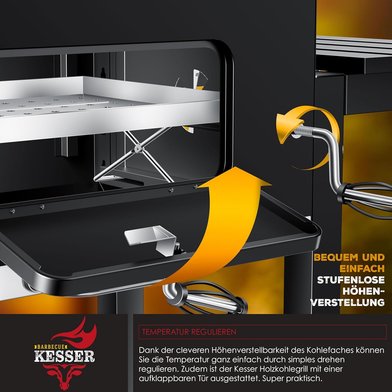 KESSER® Holzkohlegrill XL Grillwagen Set mit Deckel & Thermometer – BBQ Kohlegrill Wagen, Smoker Grill, Standgrill mit Grillrost, Rädern, Warmhalterost & Ablage inkl. Haube, Bürste & Pinsel — Ansicht 5