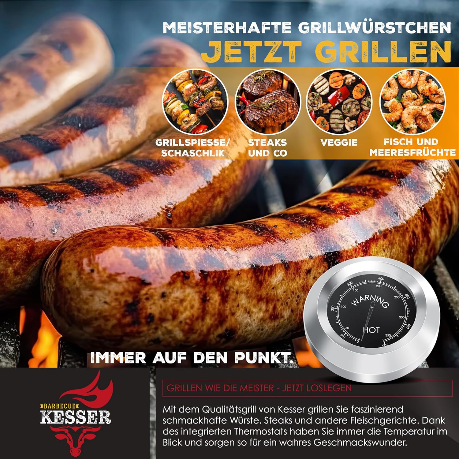 KESSER® Holzkohlegrill XL Grillwagen Set mit Deckel & Thermometer – BBQ Kohlegrill Wagen, Smoker Grill, Standgrill mit Grillrost, Rädern, Warmhalterost & Ablage inkl. Haube, Bürste & Pinsel — Ansicht 6