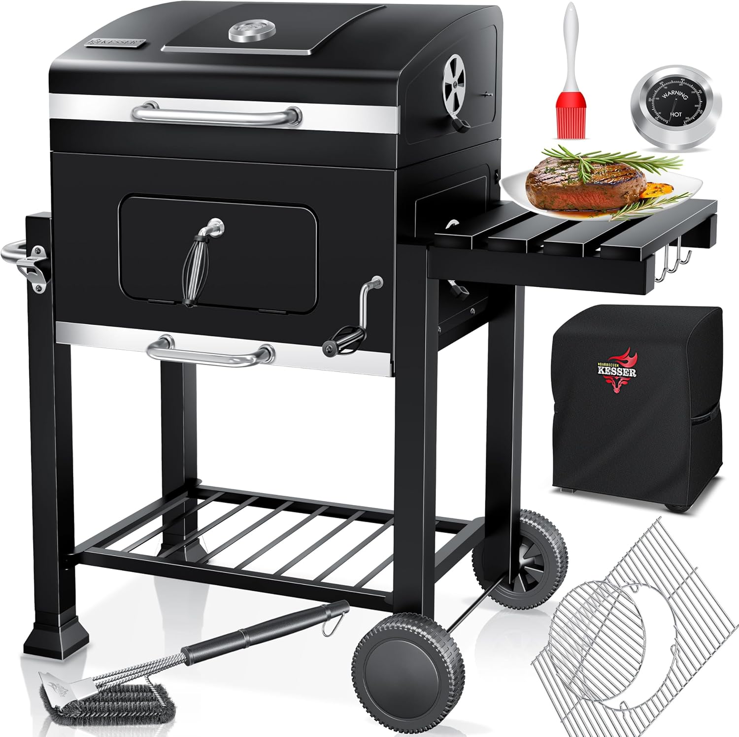 KESSER® Holzkohlegrill XL Grillwagen Set mit Deckel & Thermometer – BBQ Kohlegrill Wagen, Smoker Grill, Standgrill mit Grillrost, Rädern, Warmhalterost & Ablage inkl. Haube, Bürste & Pinsel