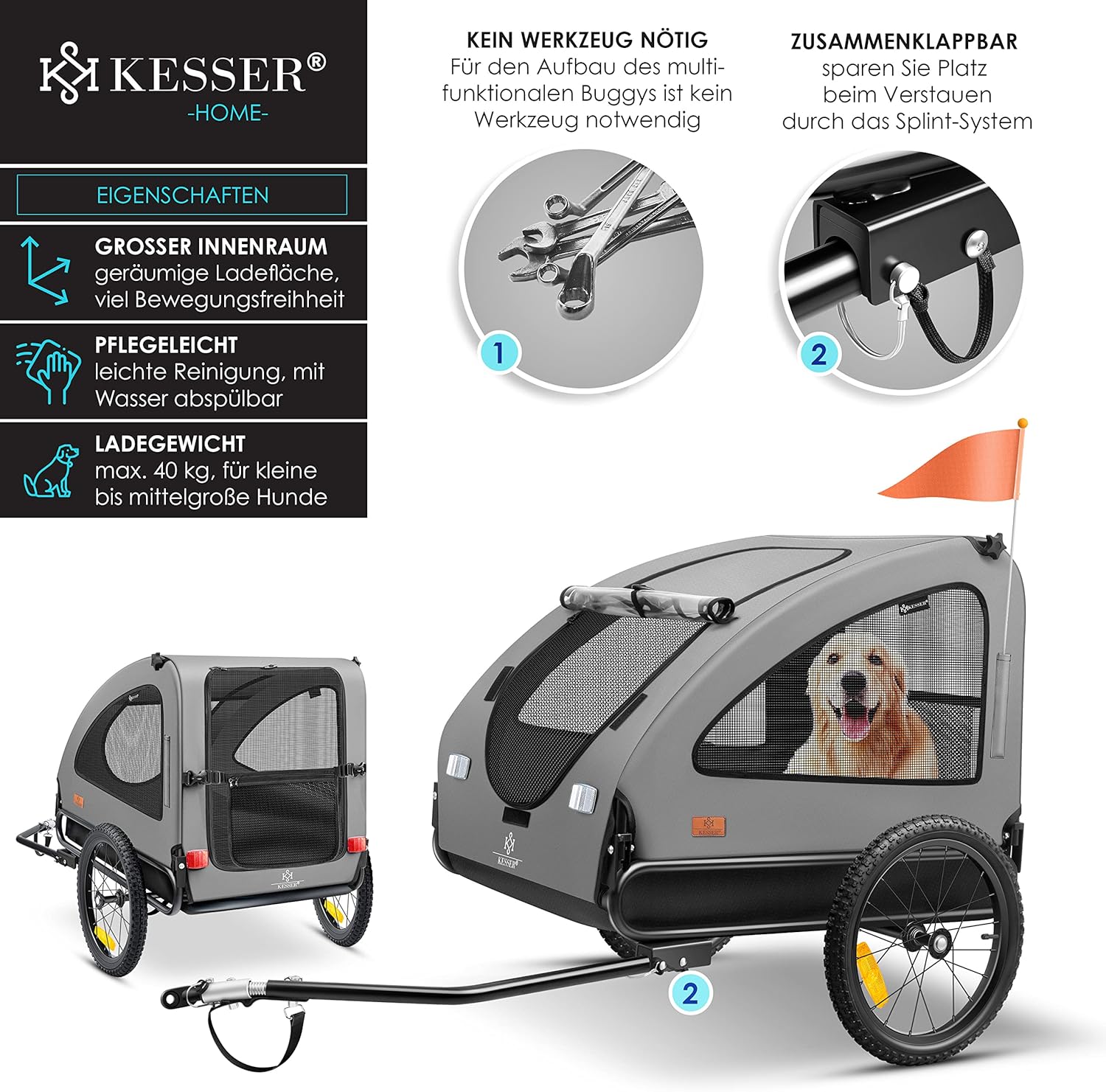 KESSER® Hundeanhänger Boxer 2-in-1 Hundebuggy Fahrradanhänger groß ca. 250L Volumen - Inkl. Fahne und Tasche - 600D Oxford Canvas, Klappbar SmartSpace Concept, max. 45kg — Ansicht 2