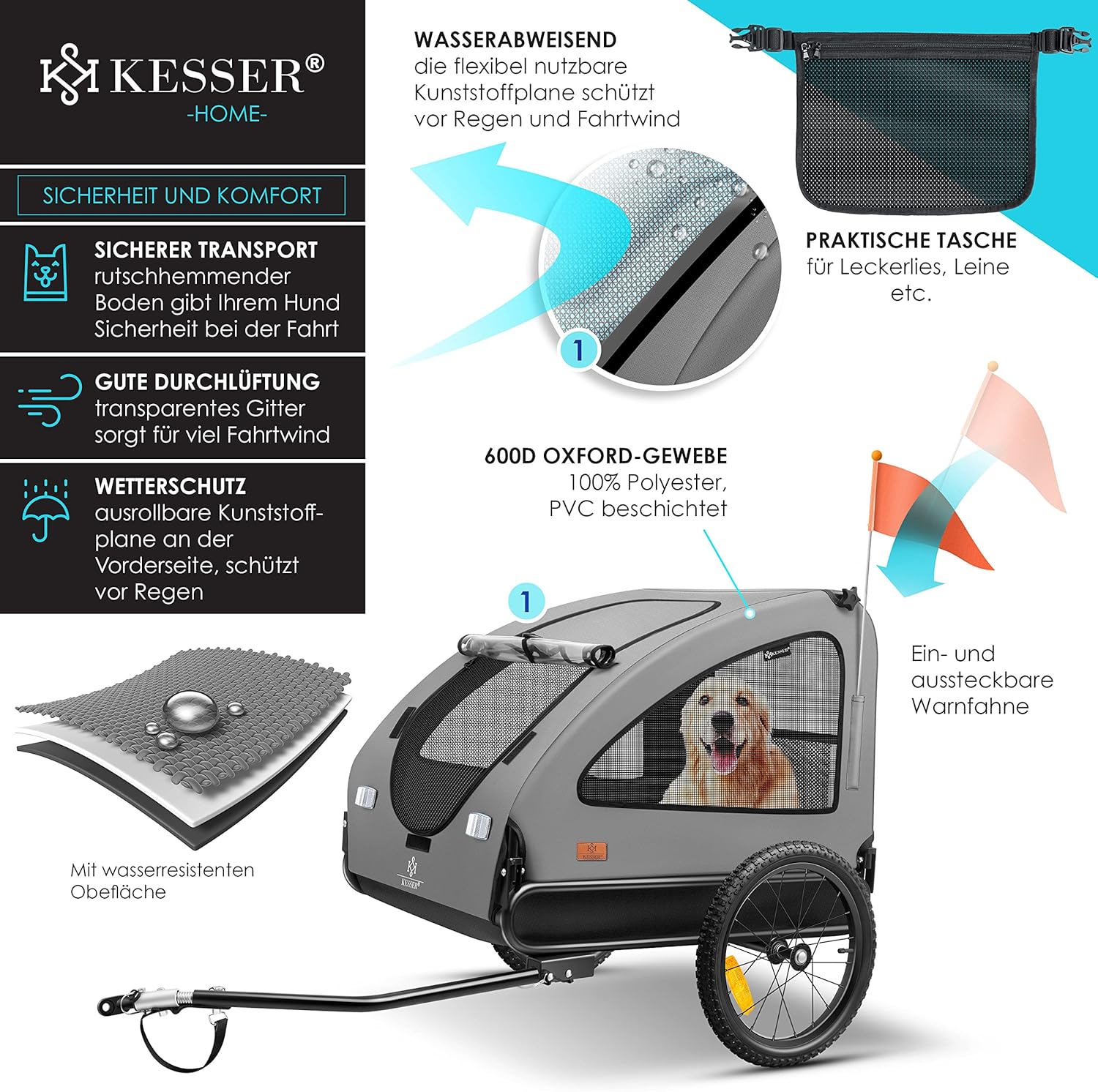 KESSER® Hundeanhänger Boxer 2-in-1 Hundebuggy Fahrradanhänger groß ca. 250L Volumen - Inkl. Fahne und Tasche - 600D Oxford Canvas, Klappbar SmartSpace Concept, max. 45kg — Ansicht 3