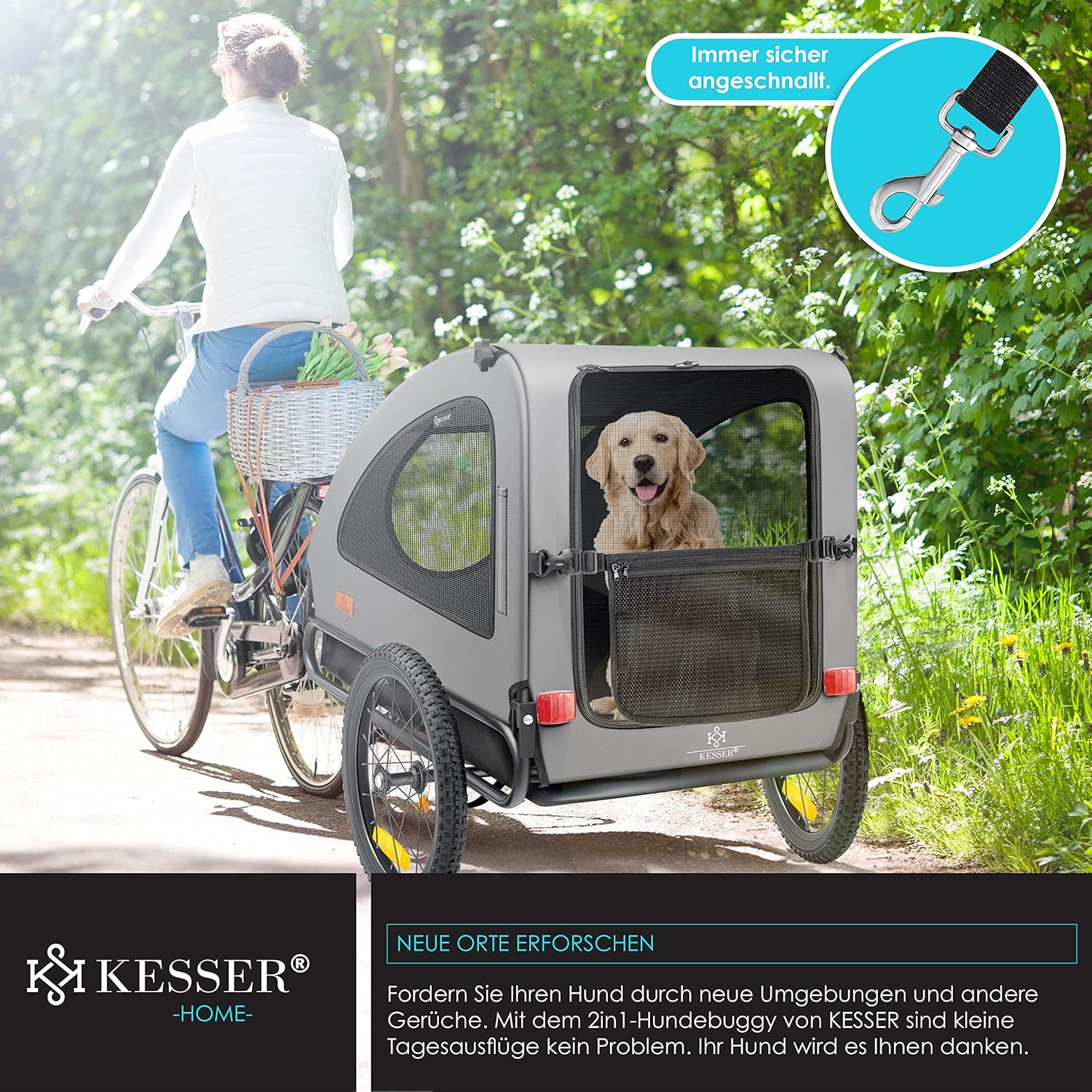 KESSER® Hundeanhänger Boxer 2-in-1 Hundebuggy Fahrradanhänger groß ca. 250L Volumen - Inkl. Fahne und Tasche - 600D Oxford Canvas, Klappbar SmartSpace Concept, max. 45kg — Ansicht 5
