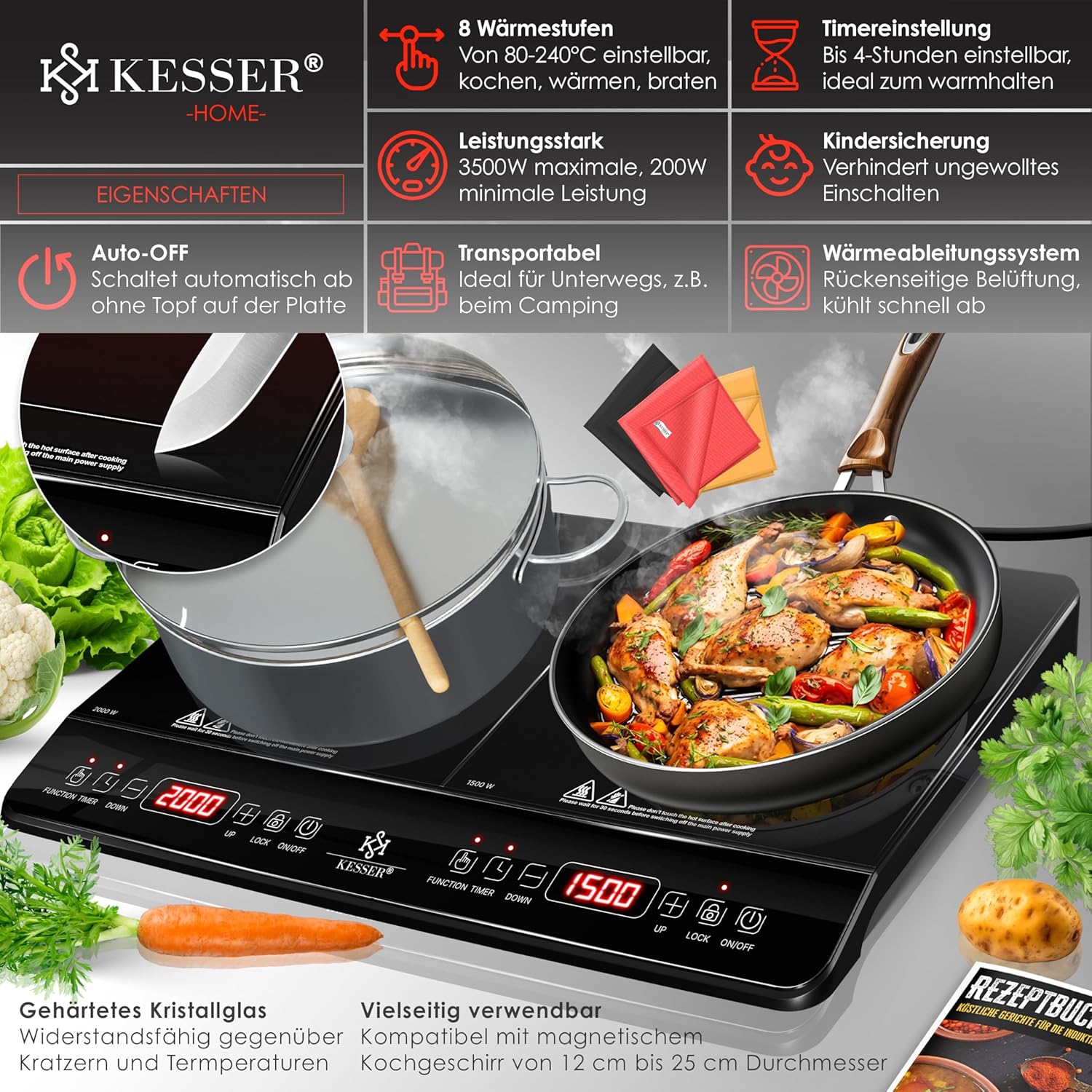 KESSER® Induktionskochplatte Induktionskochfeld 2 Platten 3500W Tragbares 57cm Kochplatte + 3x Mikrofasertuch + 1x Rezeptbuch, 8 Heizstufen, 4-Stunden-Timer, Touch-Steuerung, Booster-Funktion 220-240V — Ansicht 2