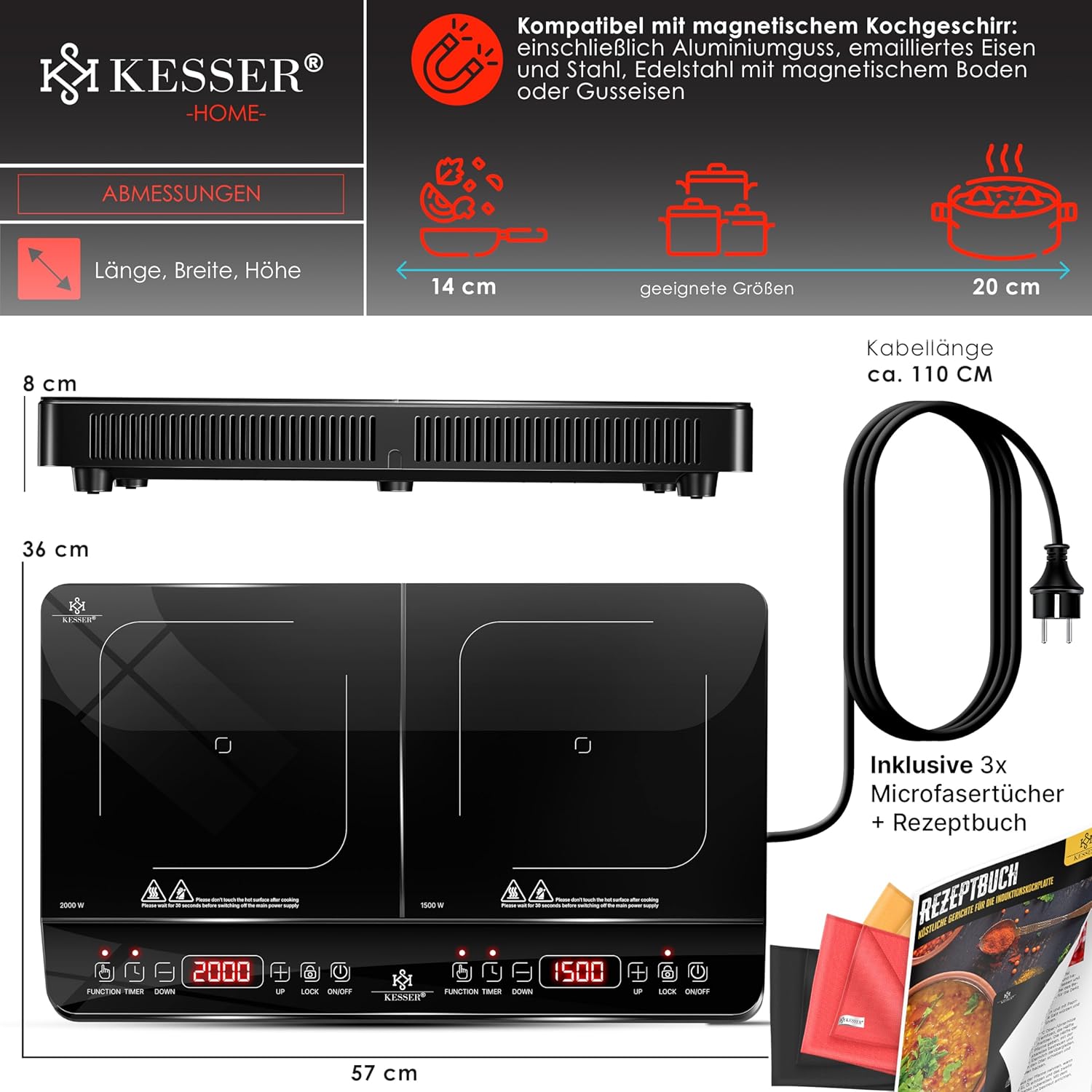 KESSER® Induktionskochplatte Induktionskochfeld 2 Platten 3500W Tragbares 57cm Kochplatte + 3x Mikrofasertuch + 1x Rezeptbuch, 8 Heizstufen, 4-Stunden-Timer, Touch-Steuerung, Booster-Funktion 220-240V — Ansicht 3