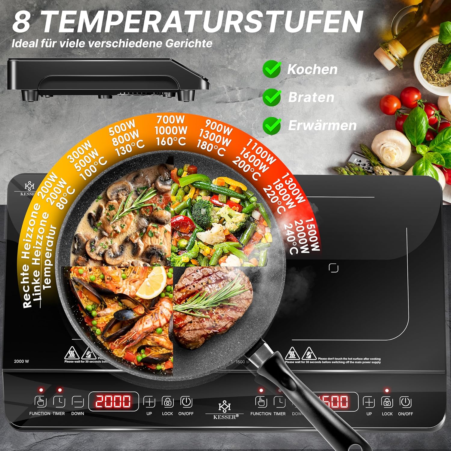 KESSER® Induktionskochplatte Induktionskochfeld 2 Platten 3500W Tragbares 57cm Kochplatte + 3x Mikrofasertuch + 1x Rezeptbuch, 8 Heizstufen, 4-Stunden-Timer, Touch-Steuerung, Booster-Funktion 220-240V — Ansicht 4