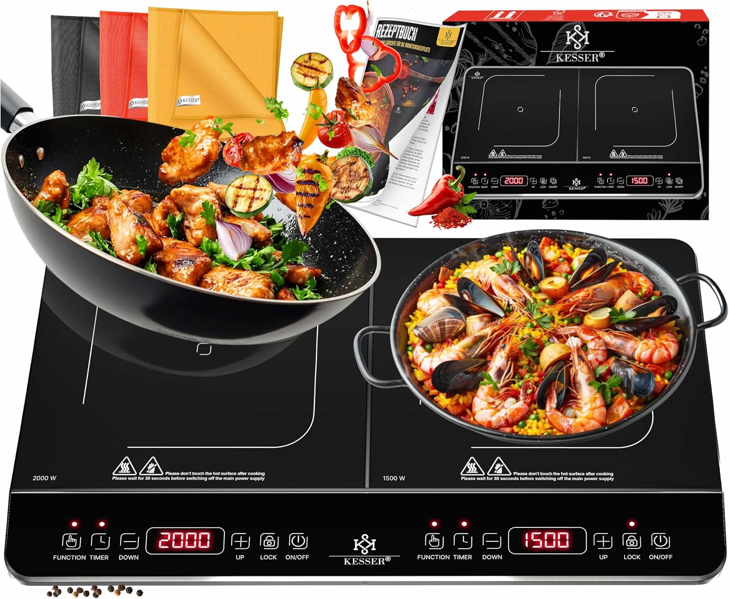 KESSER® Induktionskochplatte Induktionskochfeld 2 Platten 3500W Tragbares 57cm Kochplatte + 3x Mikrofasertuch + 1x Rezeptbuch, 8 Heizstufen, 4-Stunden-Timer, Touch-Steuerung, Booster-Funktion 220-240V