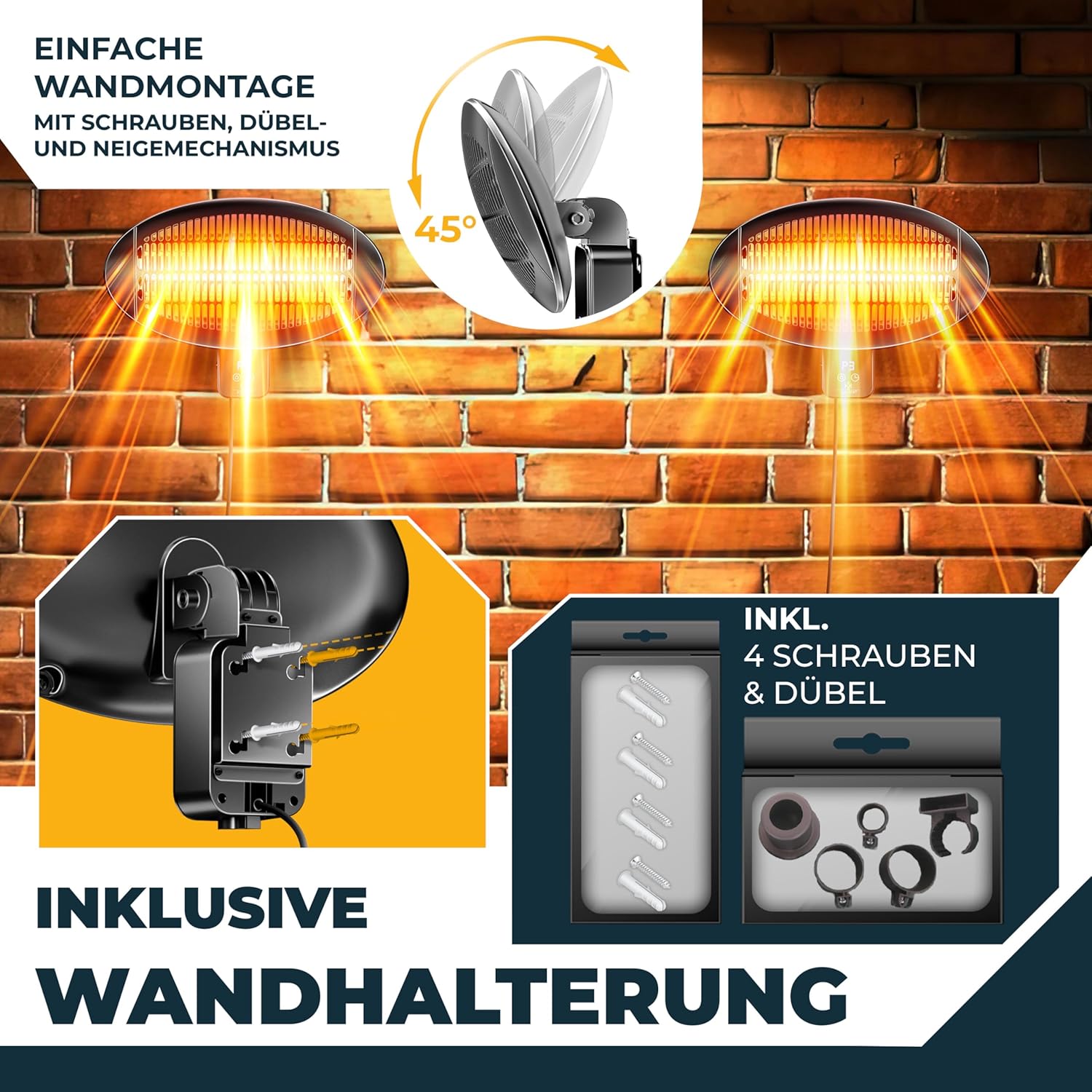 KESSER® Infrarot Heizstrahler 2000W Terrassenstrahler mit WIFI & Fernbedienung 360° drehbar, höhenverstellbar, Stand- & Wandmontage Kippschutz, IPX4 spritzwassergeschützt Wärmestrahler Balkon & Garten — Ansicht 3