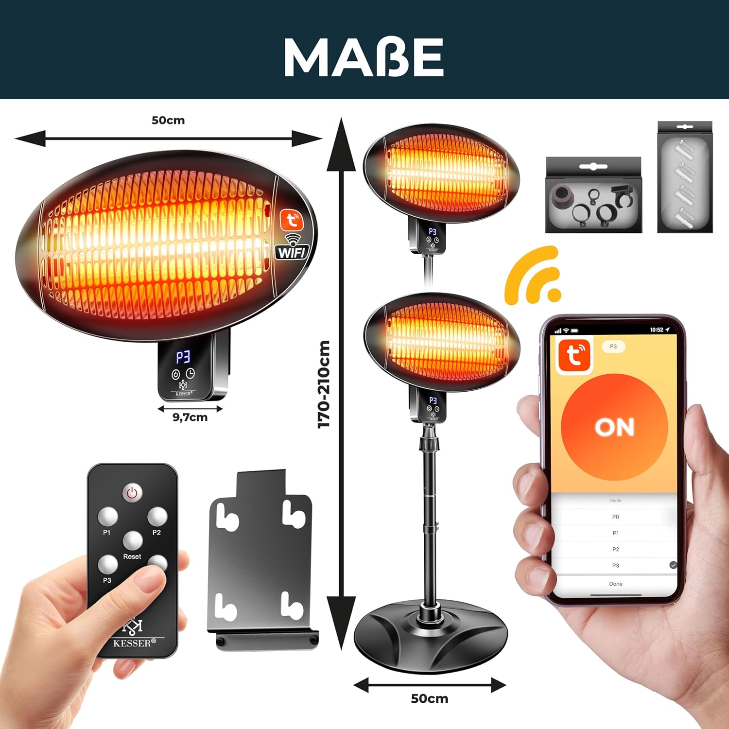 KESSER® Infrarot Heizstrahler 2000W Terrassenstrahler mit WIFI & Fernbedienung 360° drehbar, höhenverstellbar, Stand- & Wandmontage Kippschutz, IPX4 spritzwassergeschützt Wärmestrahler Balkon & Garten — Ansicht 4