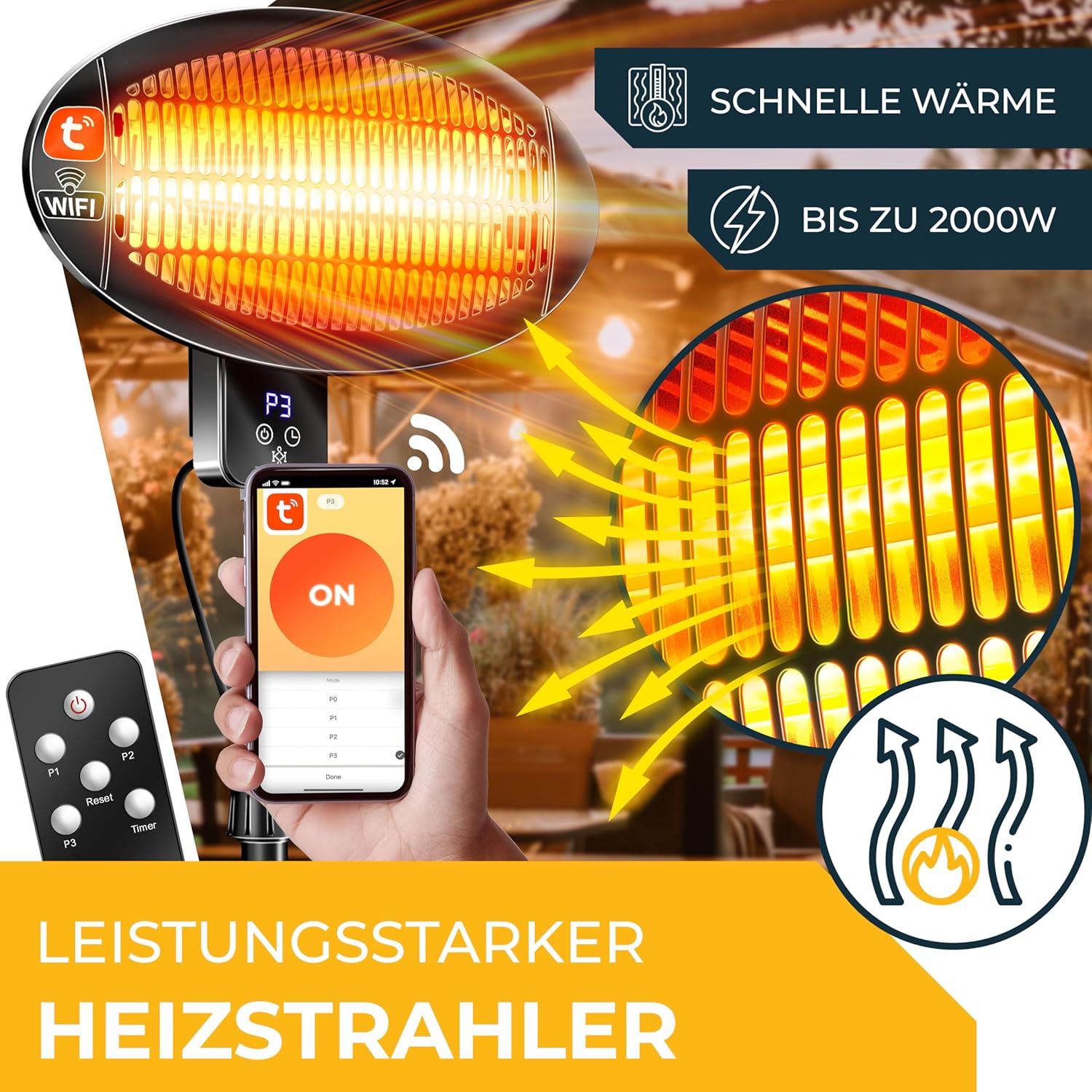 KESSER® Infrarot Heizstrahler 2000W Terrassenstrahler mit WIFI & Fernbedienung 360° drehbar, höhenverstellbar, Stand- & Wandmontage Kippschutz, IPX4 spritzwassergeschützt Wärmestrahler Balkon & Garten — Ansicht 6
