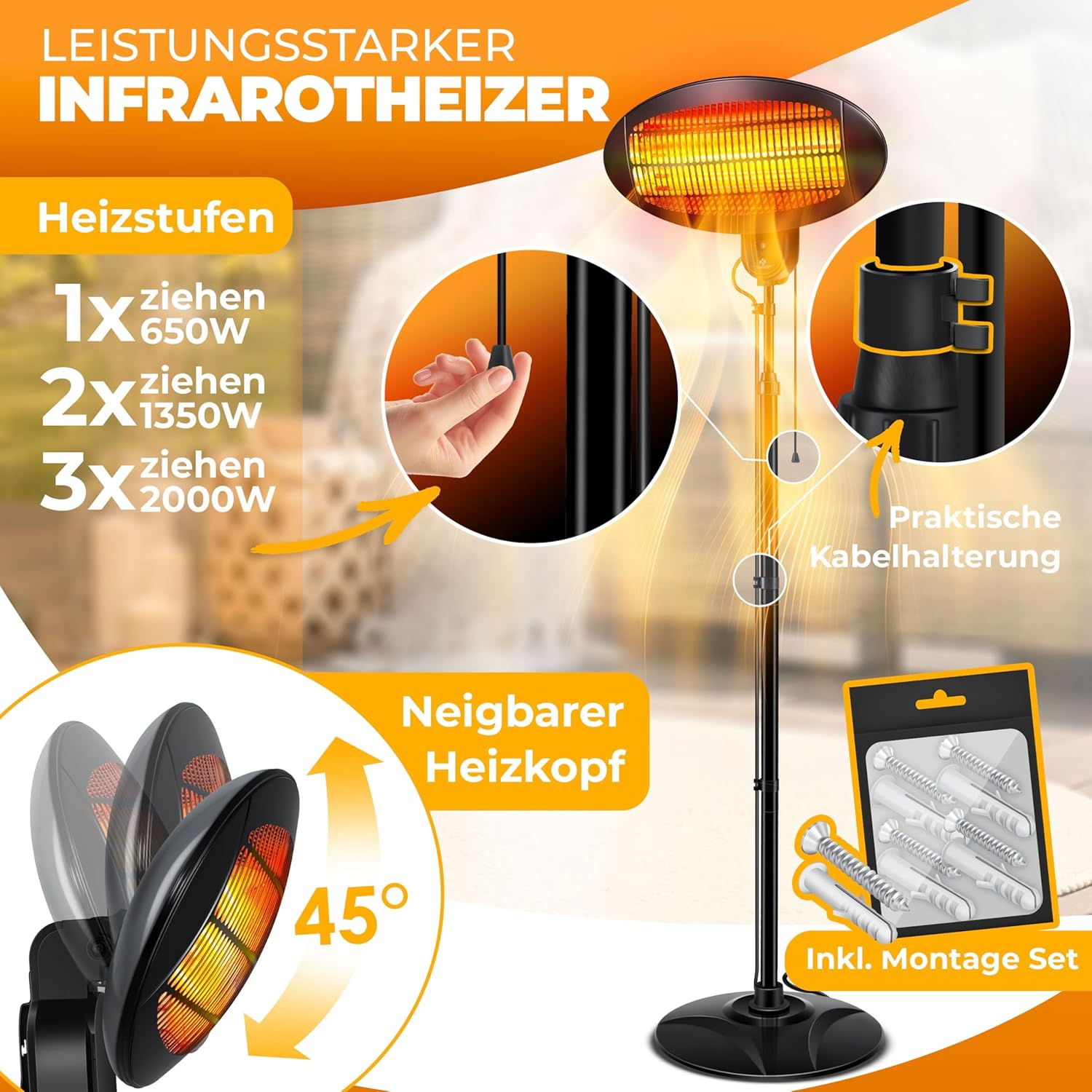KESSER® Infrarot Wickeltischstrahler Wärmelampe für Baby, 2000W Heizlüfter Standgerät | Wandmontage Heizstrahler, mit Kippsicherung, 3 Stufen Rotlicht Heizung, Indoor Outdoor, Stand | Wand, schwarz — Ansicht 2
