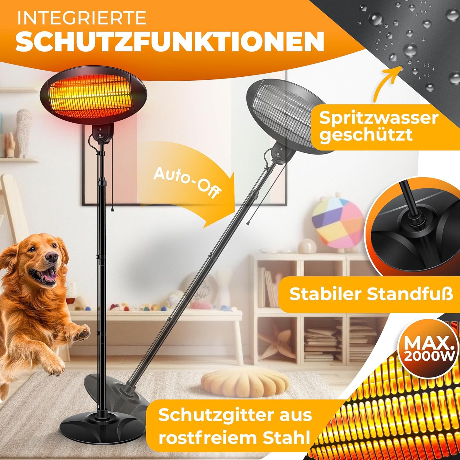 KESSER® Infrarot Wickeltischstrahler Wärmelampe für Baby, 2000W Heizlüfter Standgerät | Wandmontage Heizstrahler, mit Kippsicherung, 3 Stufen Rotlicht Heizung, Indoor Outdoor, Stand | Wand, schwarz — Ansicht 3