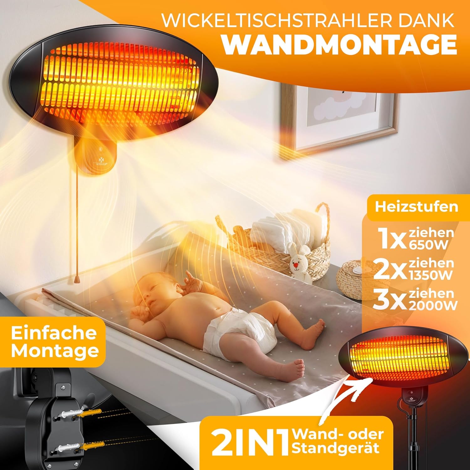 KESSER® Infrarot Wickeltischstrahler Wärmelampe für Baby, 2000W Heizlüfter Standgerät | Wandmontage Heizstrahler, mit Kippsicherung, 3 Stufen Rotlicht Heizung, Indoor Outdoor, Stand | Wand, schwarz — Ansicht 5