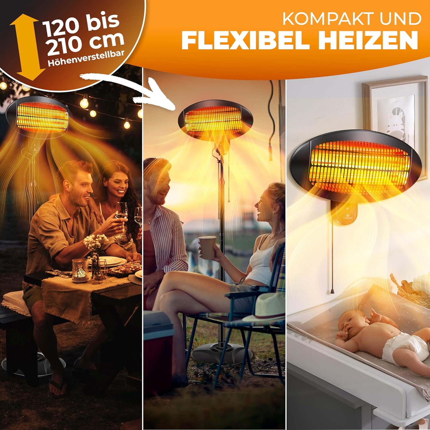 KESSER® Infrarot Wickeltischstrahler Wärmelampe für Baby, 2000W Heizlüfter Standgerät | Wandmontage Heizstrahler, mit Kippsicherung, 3 Stufen Rotlicht Heizung, Indoor Outdoor, Stand | Wand, schwarz — Ansicht 6