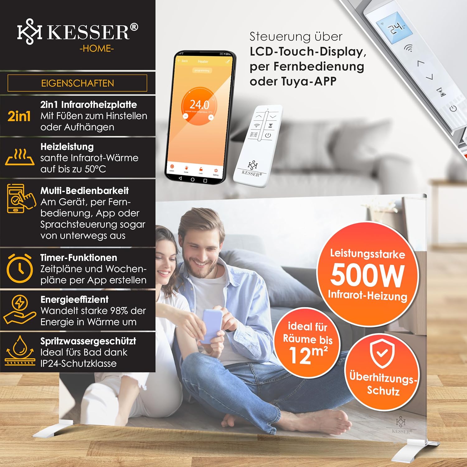 KESSER® Infrarotheizung 500W Spiegelheizung Energiesparend 2in1 Standgerät & Wandmontage Elektroheizung mit Erkennung Offener Fenster + Fernbedienung & App-Steuerung Thermostat Infrarot Heizpaneel — Ansicht 2