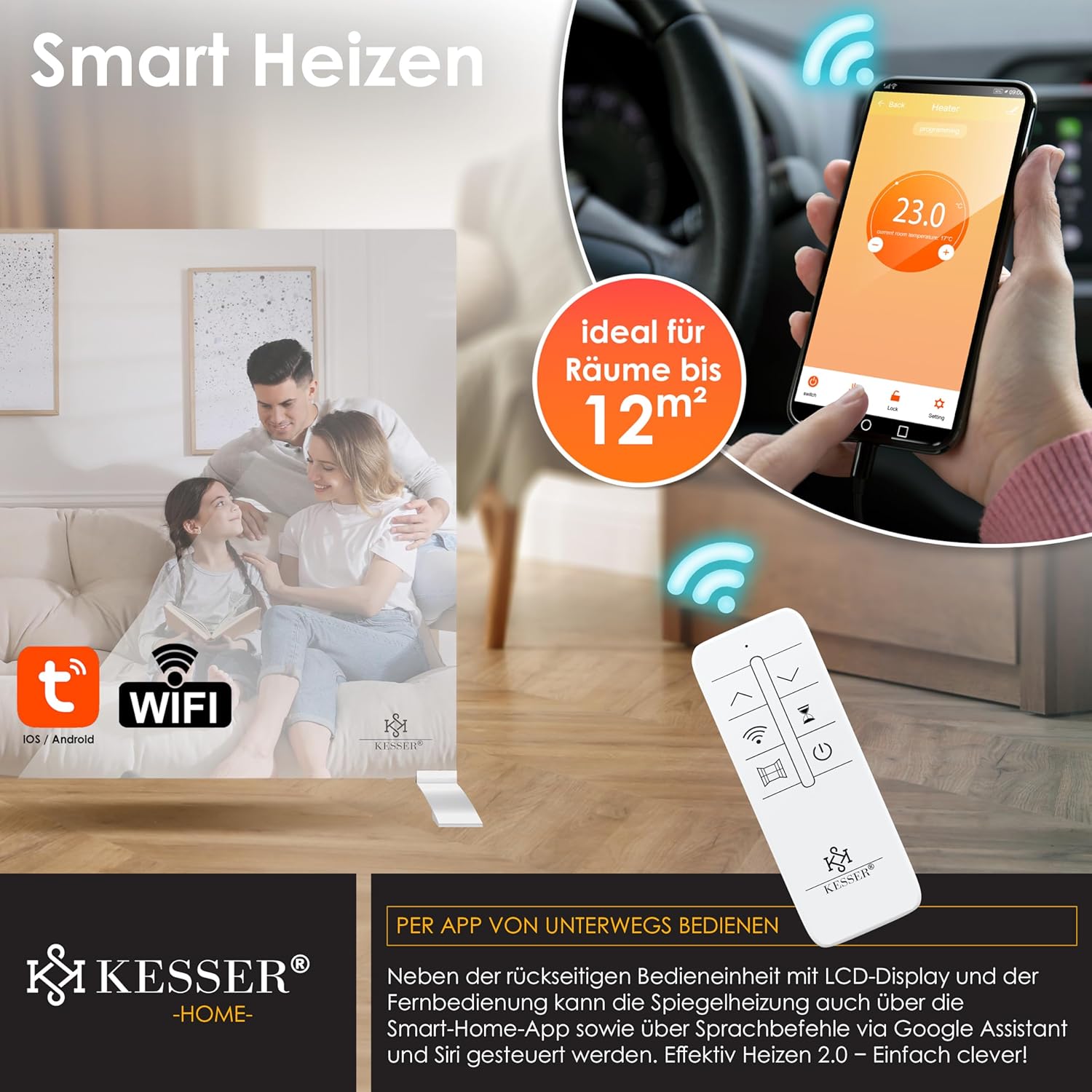 KESSER® Infrarotheizung 500W Spiegelheizung Energiesparend 2in1 Standgerät & Wandmontage Elektroheizung mit Erkennung Offener Fenster + Fernbedienung & App-Steuerung Thermostat Infrarot Heizpaneel — Ansicht 5